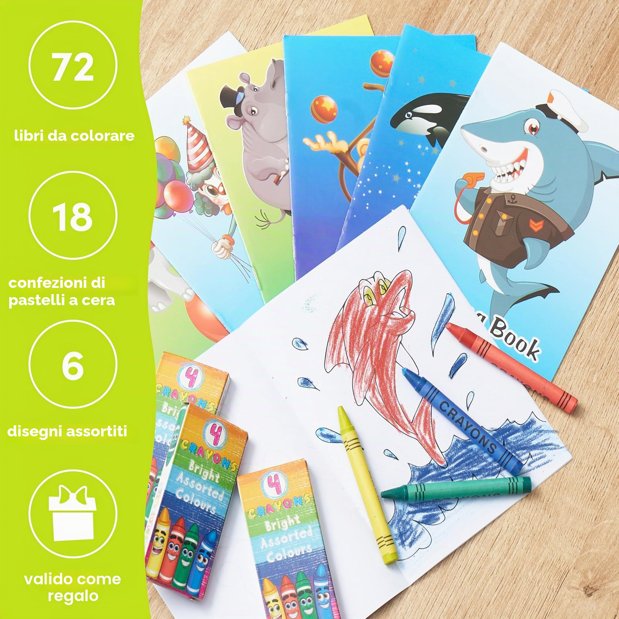 THE TWIDDLERS 72 Mini Libri da Colorare (A6) con 18 Scatole di Pastelli a Cera (4 per scatola) - Set Creativo per Feste di Bambini, Regalini di Fine Compleanno e Premi Scolastici