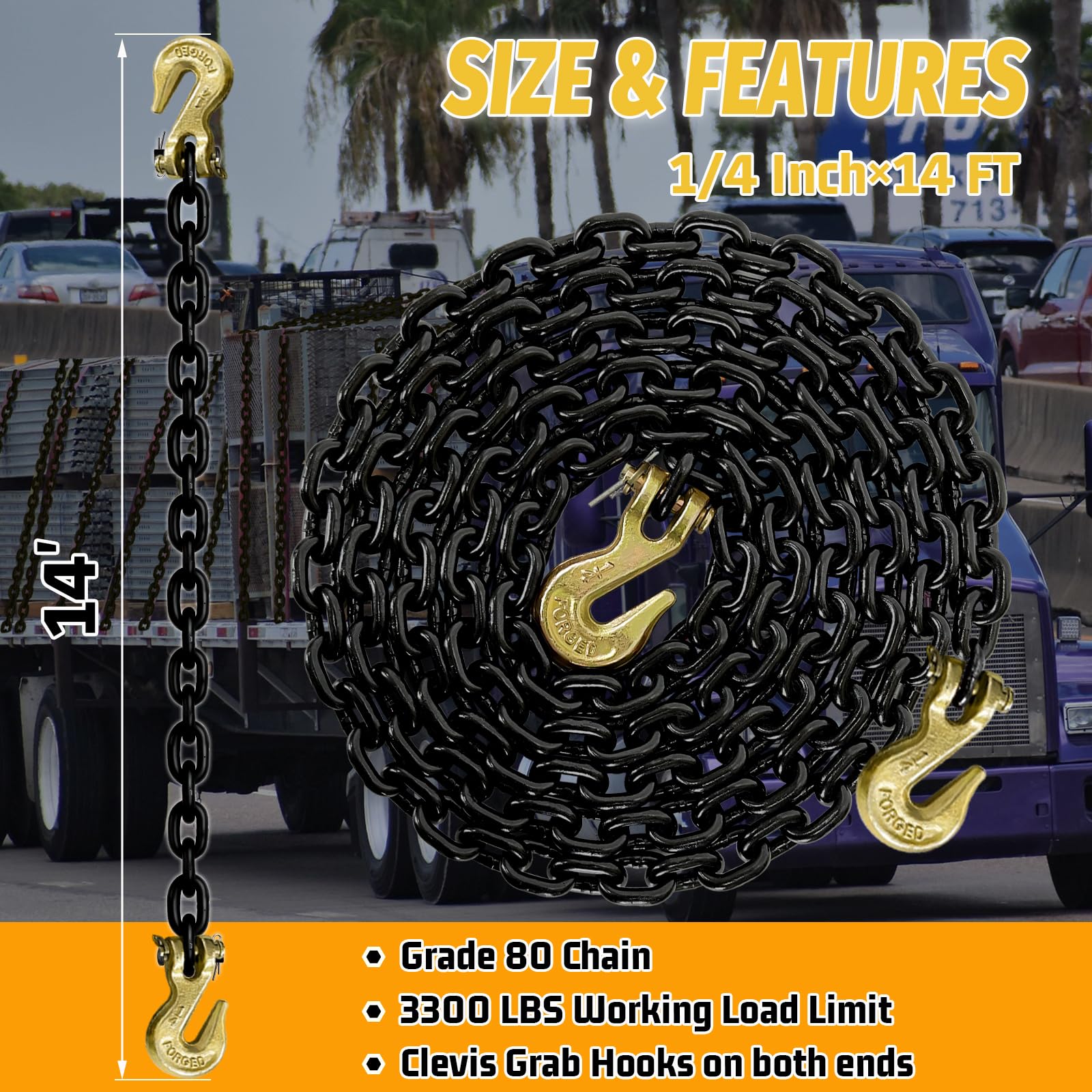 G80 Heavy Duty Tow Chain (1/4" X 14ft) - 3,300lb Capacity With Clevis Hooks For Logging & Towing