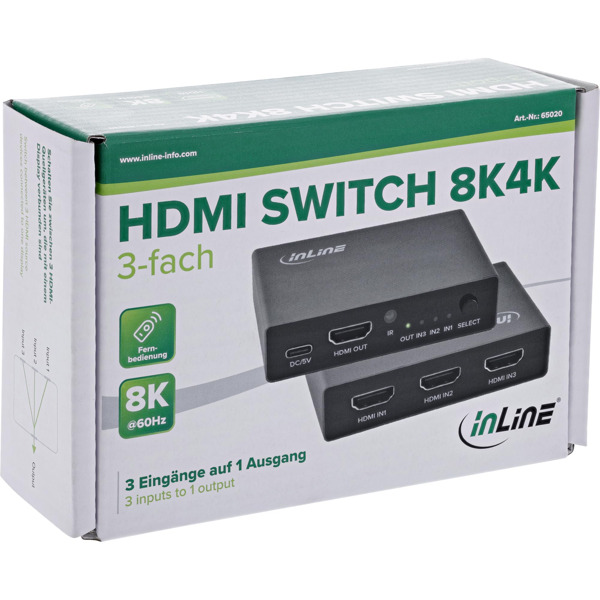 Inline Przełącznik HDMI 2.1, 3-drożny, do 8K 60Hz i 4K 144Hz, przełącznik 3 w 1 ze sterowaniem na podczerwień i obsługą HDCP 2.3, 65020