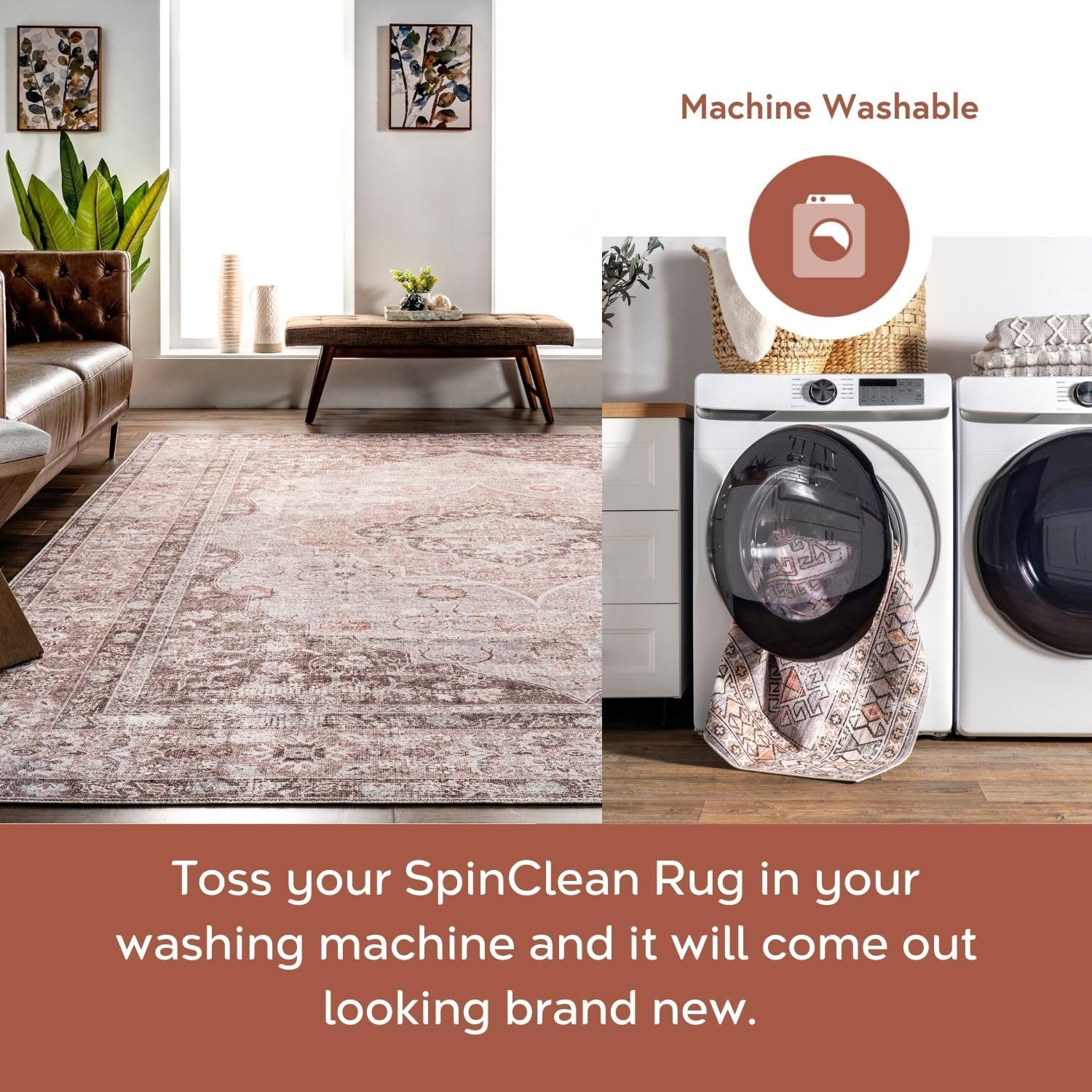 nuLOOM 4' x 6' Machine Washable Stain-Resistant Area Rug with Non Slip Backing, Low Profile for Living Room, Bedroom, and Dining Room, Elsa Taupe