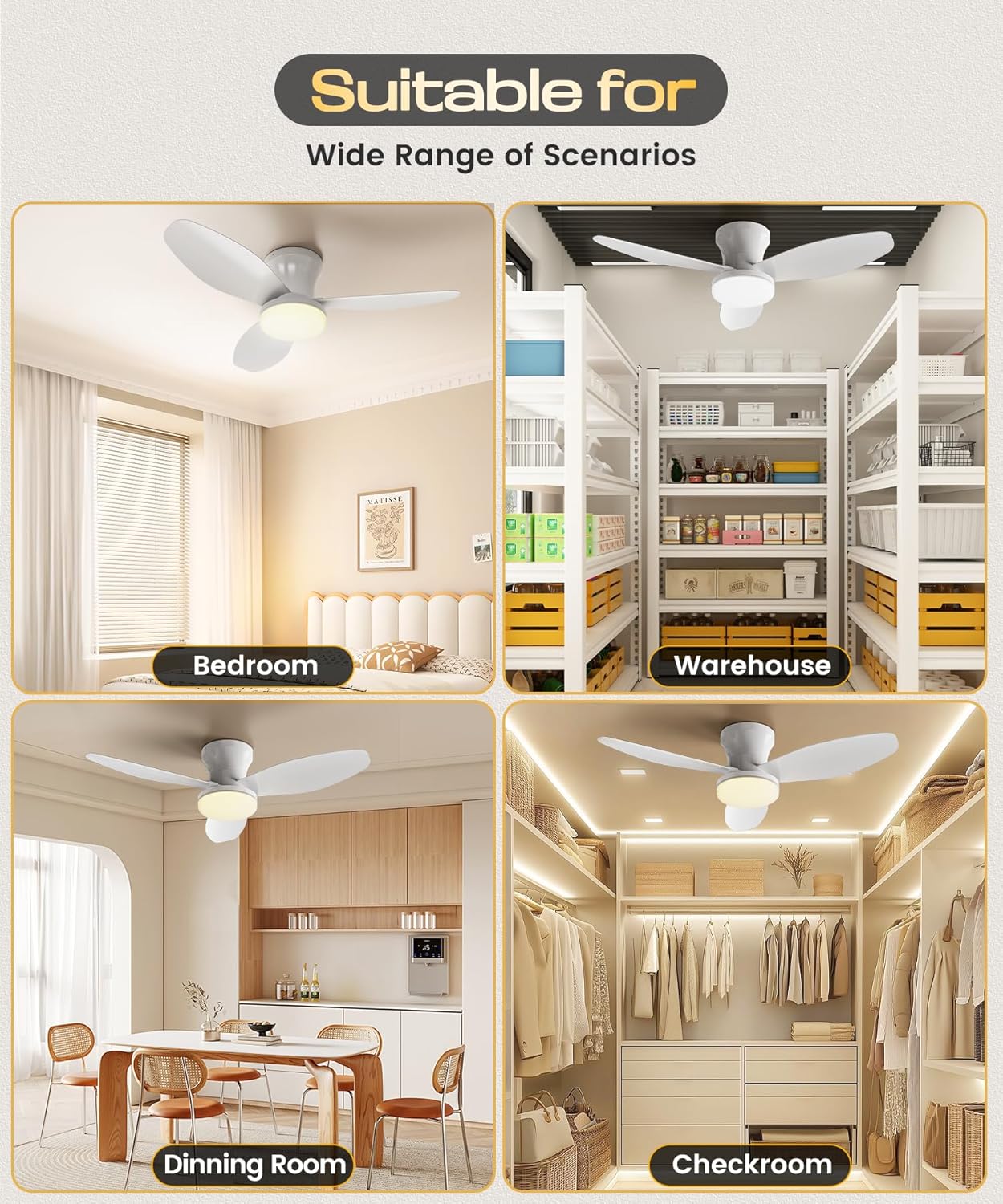 Ceiling Fans with Lights, 35 Inch Low Profile Ceiling Fan with Light and Remote Control, Dimmable, 6 Speeds, 3CCT, Flush Mount, Reversible DC Motor Modern Ceiling Fan for Bedroom (White, 35inch)