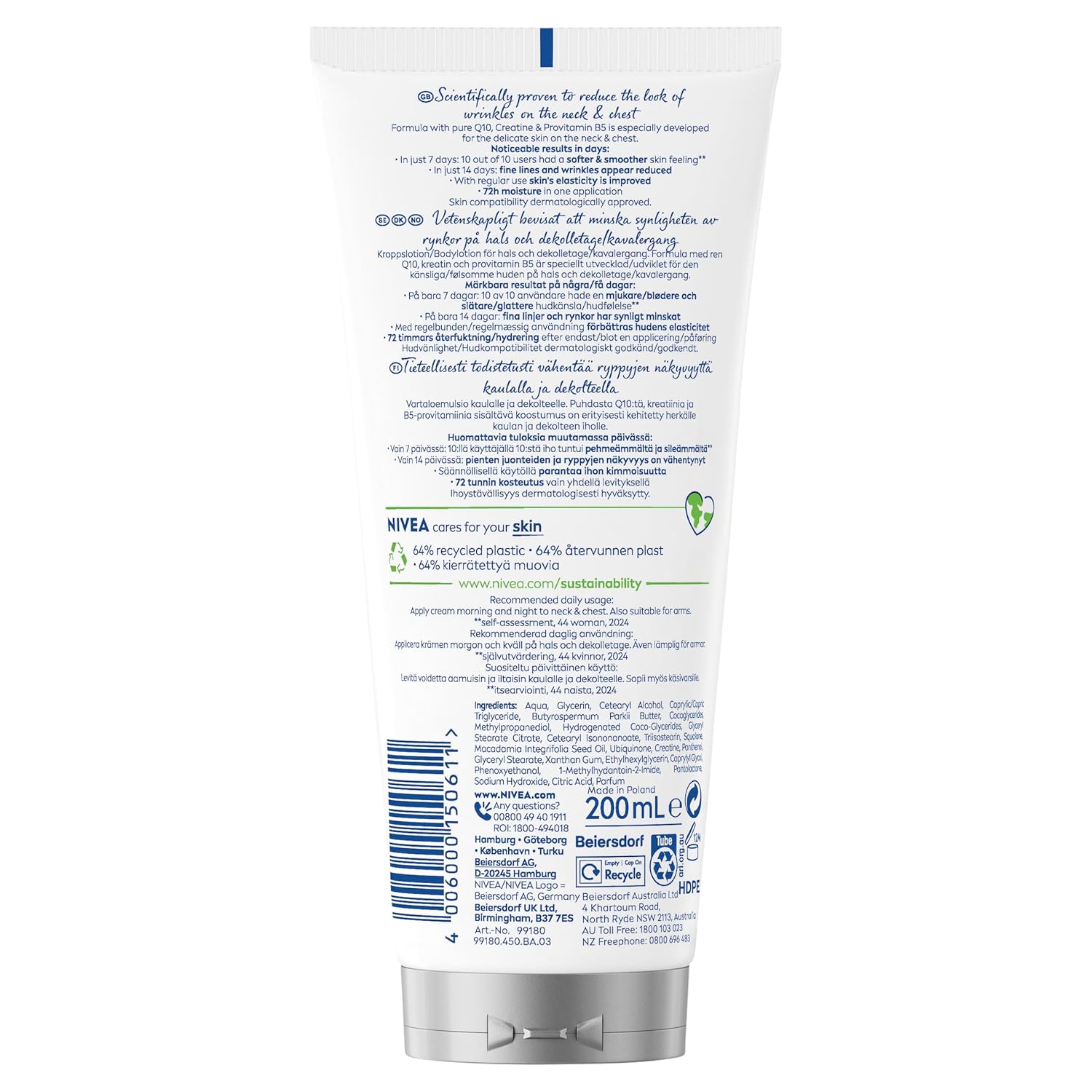 NIVEA Q10 Neck & Décolleté Care Cream 200 ml / 6.76 fl oz, Everyday Cosmetic Skin Care Formula with Coenzyme Q10, Creatine and Panthenol, Lightweight Fast-Absorbing Cream for Neck and Chest Area