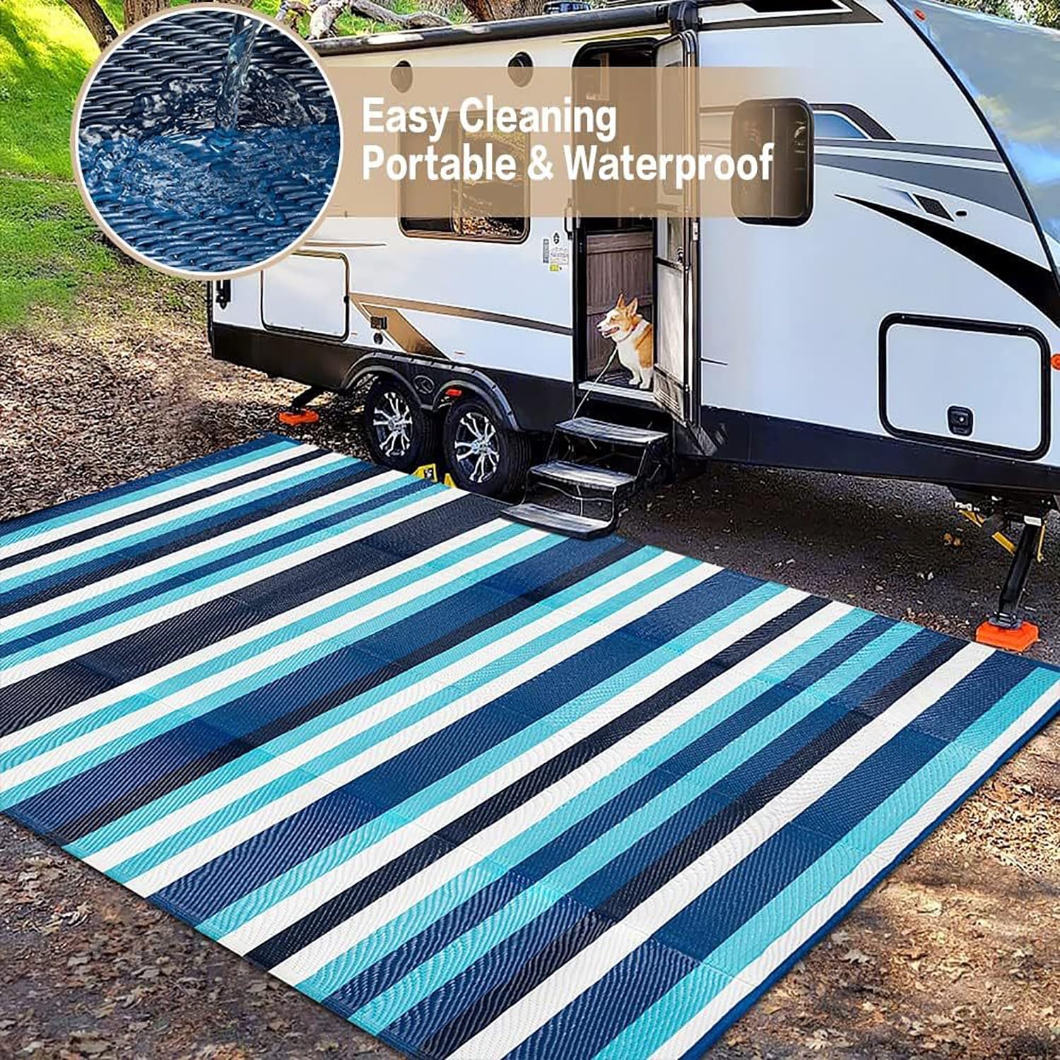 Tapis Imperméable Rayé Bleu,120x180 Petits Tapis Rectangulaire,Tapis de Jardin en Plastique Pliable,Tapis de Sol de Camping Réversible,Tapis Extérieur pour Terrasse,Balcon,Pique-Nique,Plage