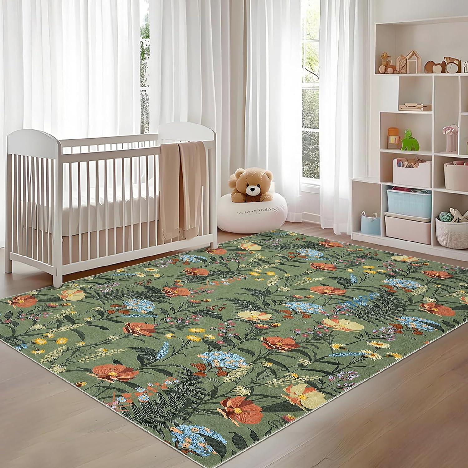 Garvee Modern Floral Washable Rugs 5x7 Area Rugs for Living Room,Rugs for Bedroom, Ultra Soft Low Pile Nature Accent Carpet, Non Slip & Non-Shedding Botanical Print Floor Mats for Home Decor, Green