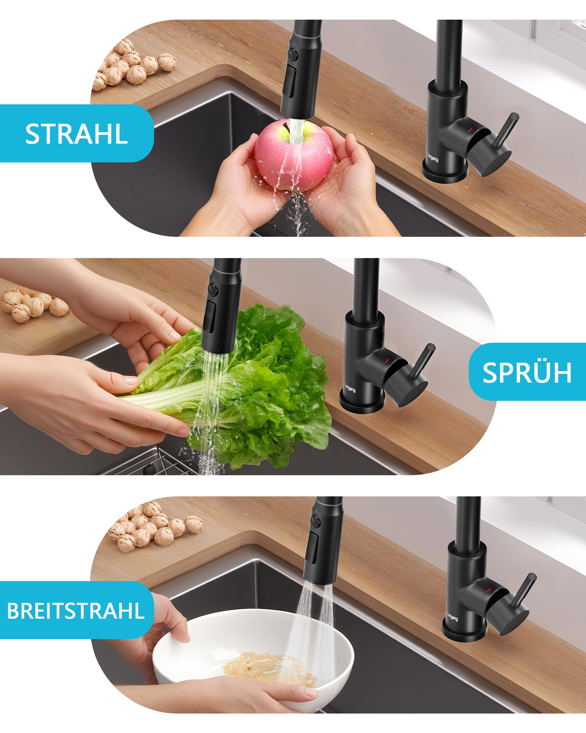 Wasserhahn Küche Schwarz, Hochdruck Küchenarmatur, Drei Strahlarten mit Küchenarmaturen, 360°-Drehbare Wasserhahn Küche, 304 Edelstahl-Armatur Küche(Schwarz)