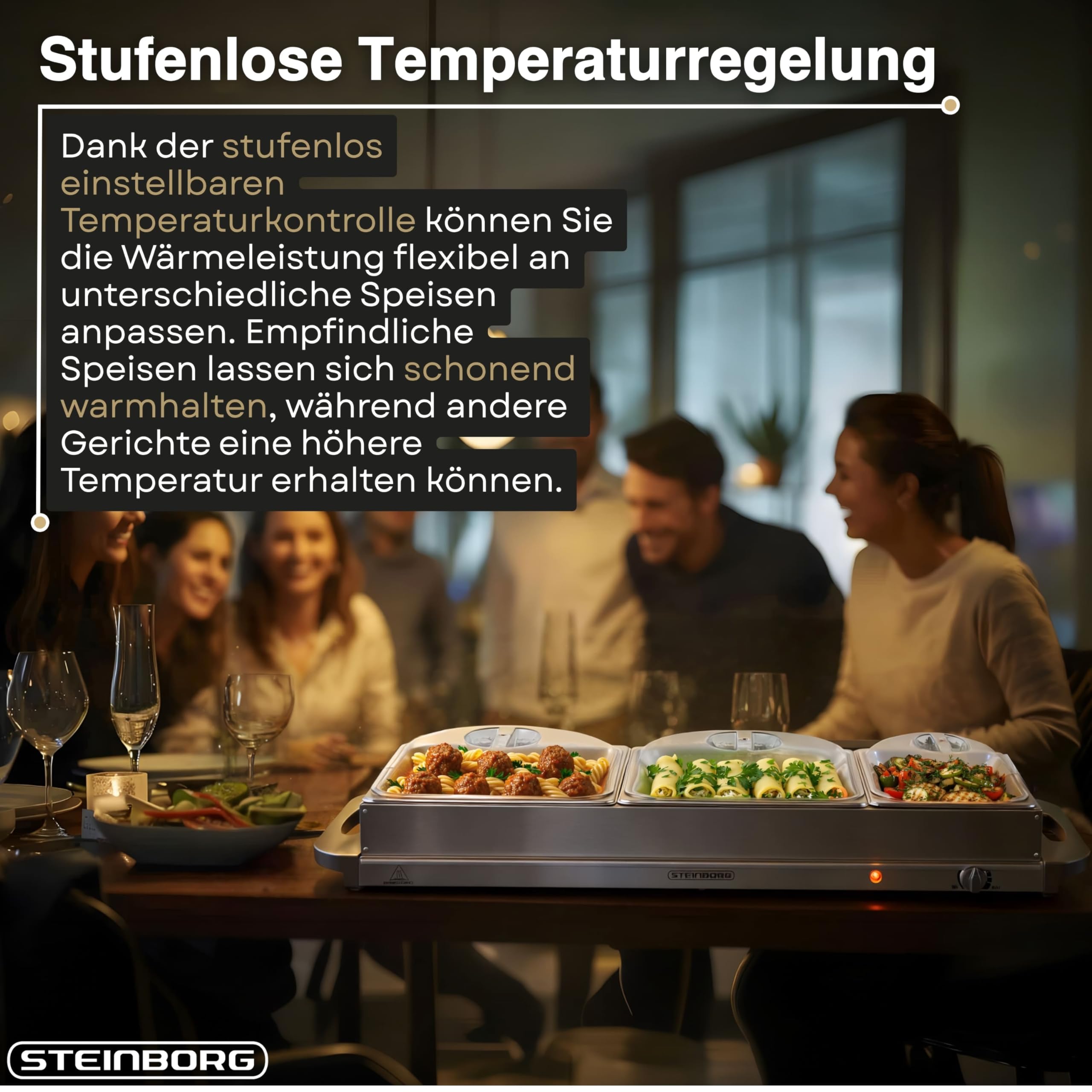 Steinborg® Elektrischer Buffetwärmer 3 Schalen – Speisenwärmer 450W Temperaturregelung, Warmhalteplatte mit 2 x3,7L + 1x2,5L Behältern Warmhaltebehälter Buffet Server für Partys, Catering und Familie