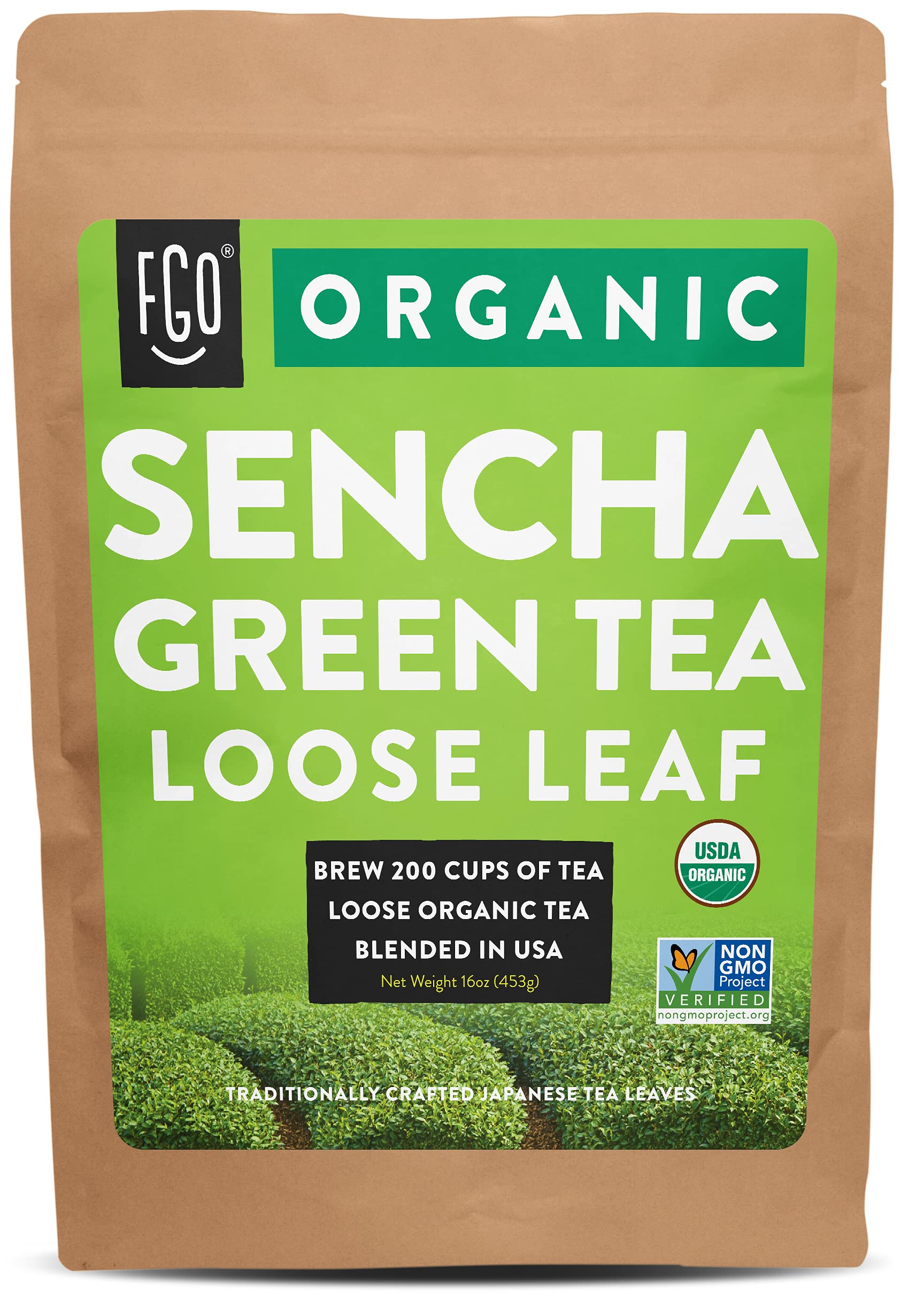 Organic Sencha Loose Leaf Tea | Brew 200 Cups | 16oz Resealable Kraft Bag | Imported from Japan | by FGO