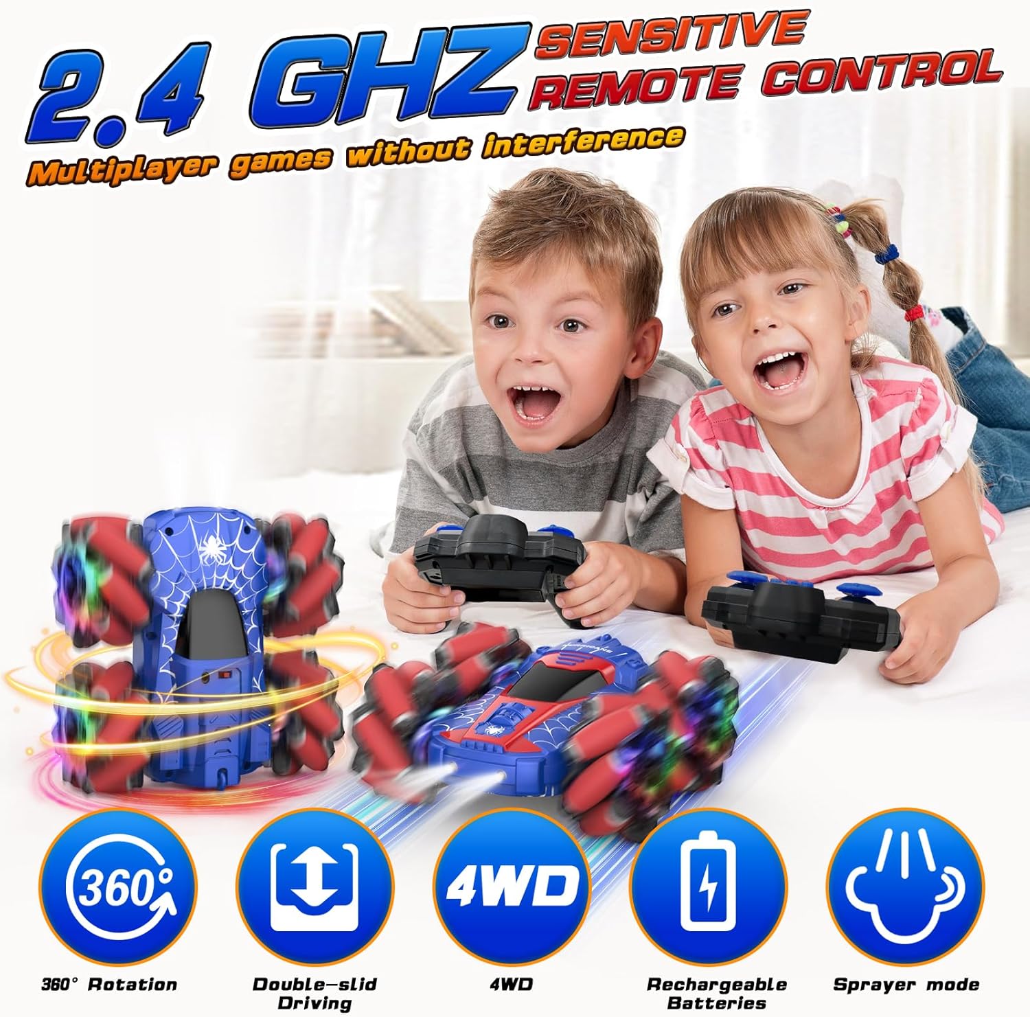 Two children playing with NQD Spider Remote Control Cars, highlighting 2.4GHz remote control and other features