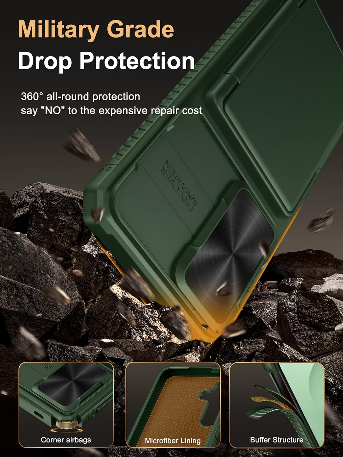 Vihibii for Samsung Galaxy S25+ Plus Case with Card Holder (4 Cards) [RFID Blocking] & Slide Camera Cover, Military Grade Drop Protection, Rugged Hard Back & Silicone Edge Wallet Case, 6.7", Green - Image 4