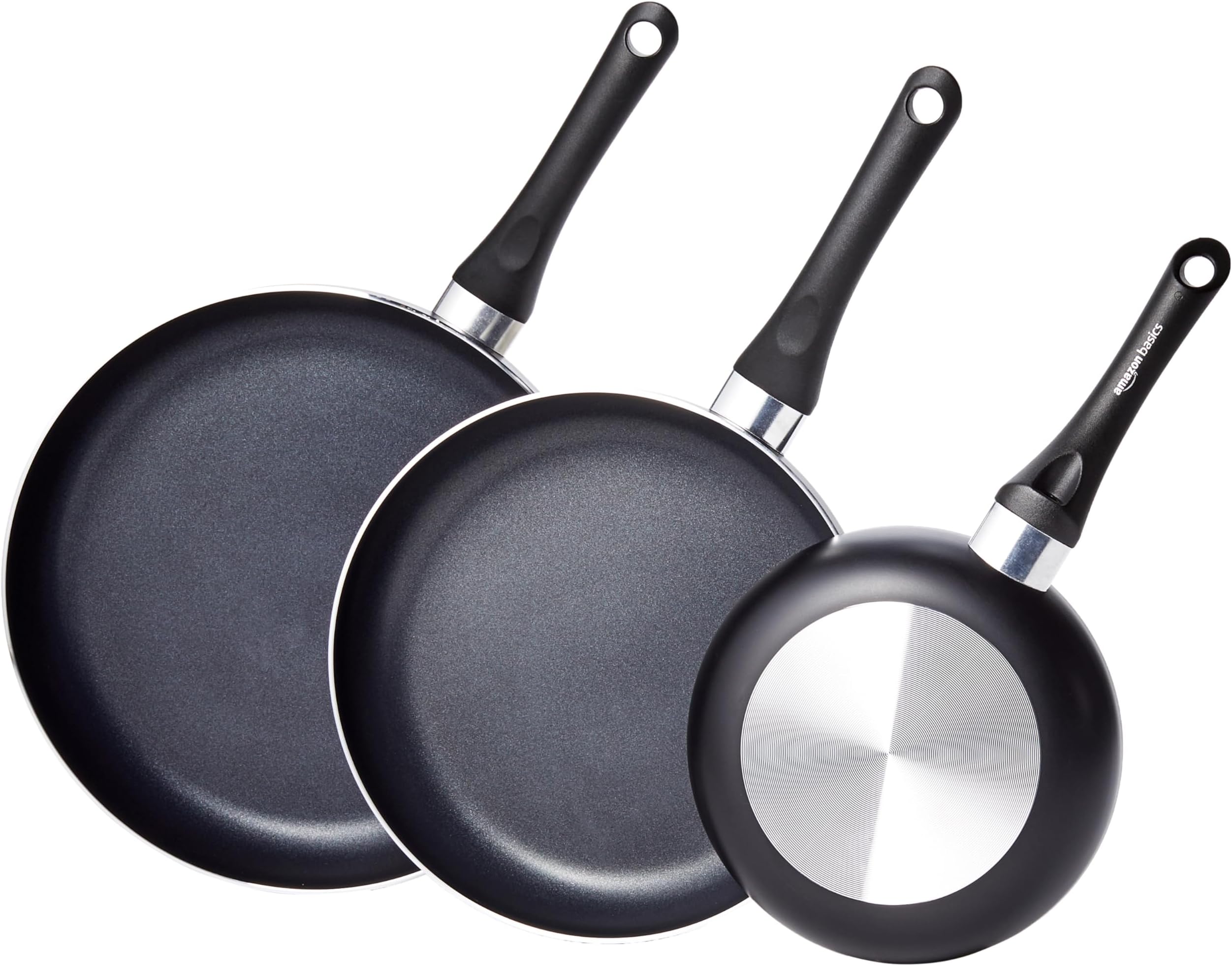 Amazon Basics Non-Stick 3-Piece Frying Pan Set with Stay Cool Handles, 8-inch, 10-inch, 12-inch, Black