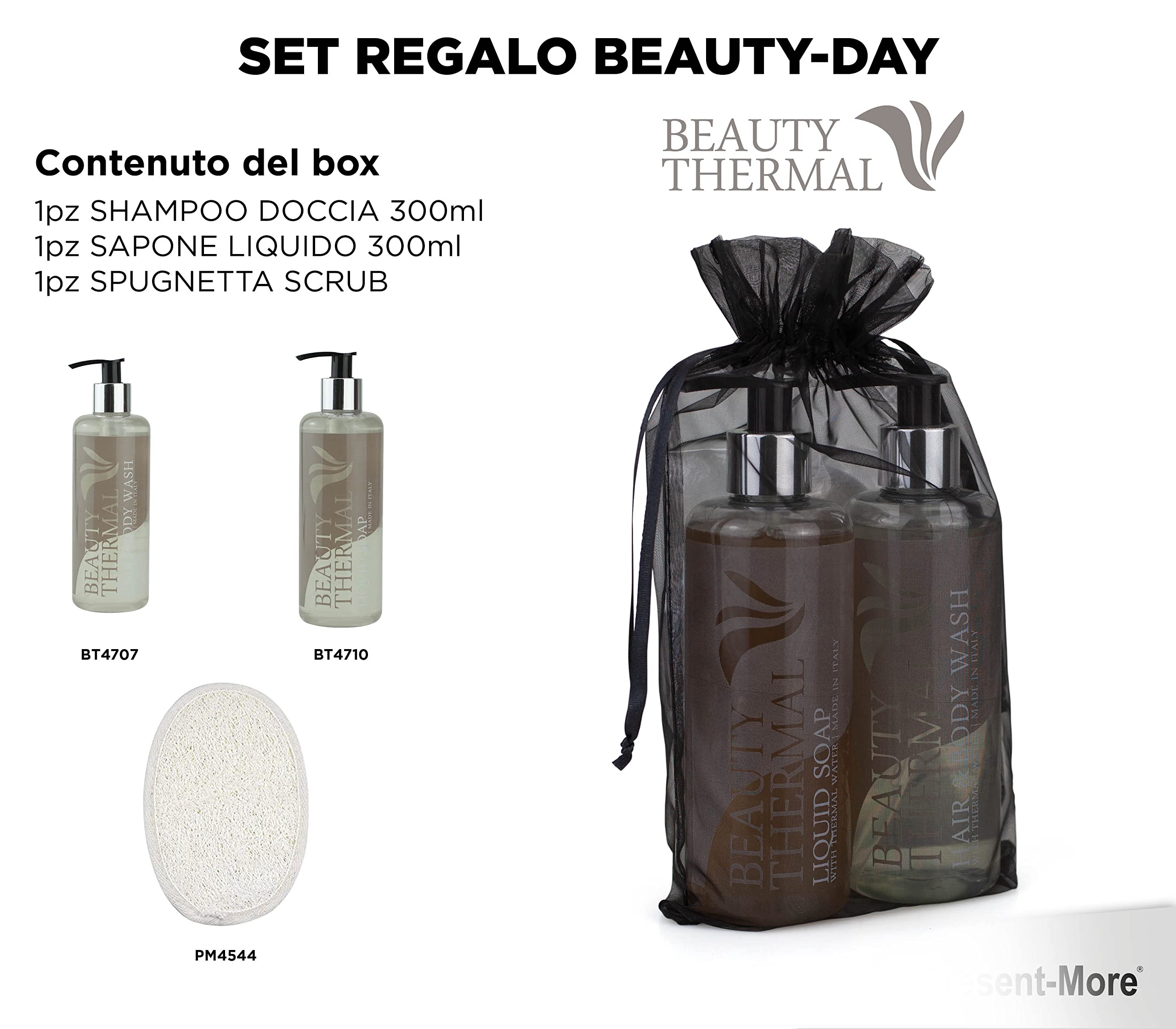 Present-More Geschenkset (Duschshampoo + Flüssigseife) Beauty Thermal - Prestige Kit Toilettenartikel 100 Gäste für Hotels und B&B | Allergenfreie Amenities Kit mit Duftnote Orange und Zimt