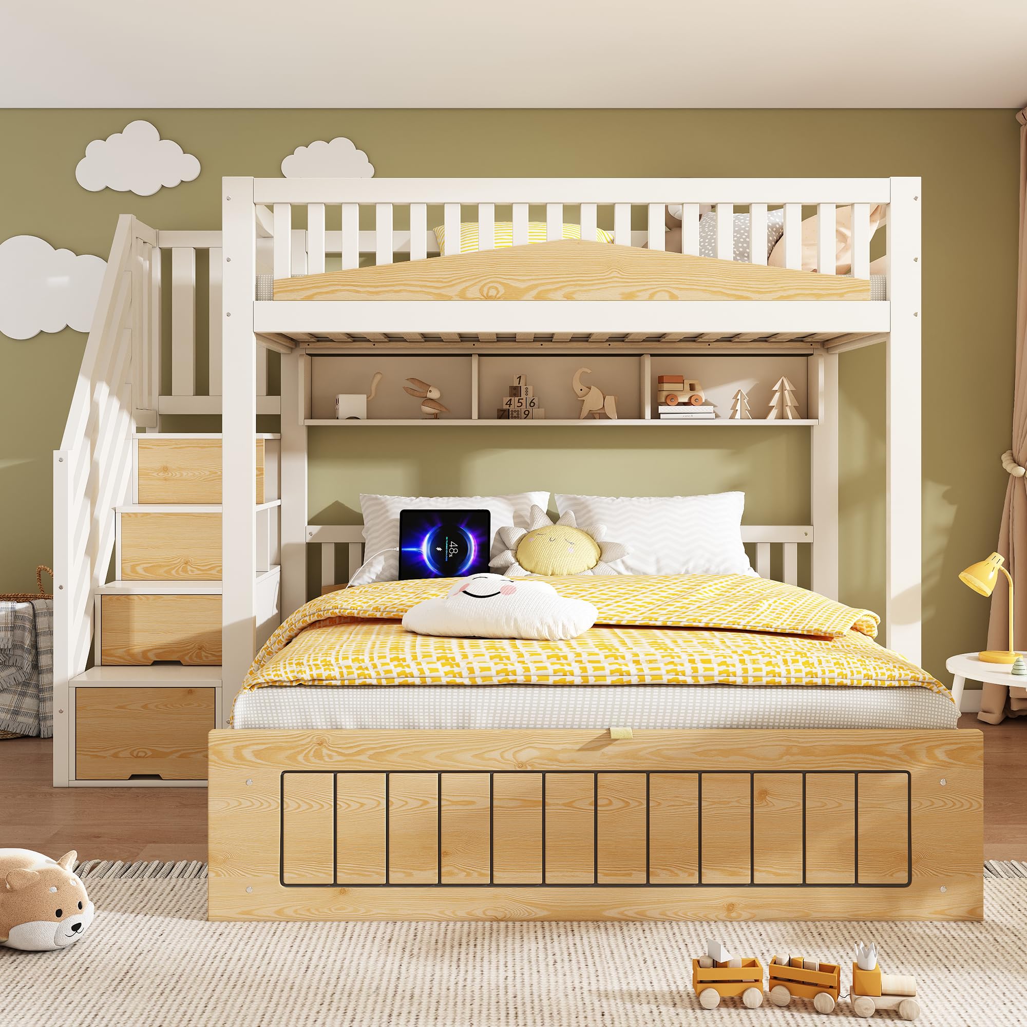 Letto a Castello per Bambini 90x200 e 140x200cm con Contenitore Idraulico, Porta USB-C, Scala di Stoccaggio e Mensole Sospese, Struttura del letto in Legno(Senza materasso)
