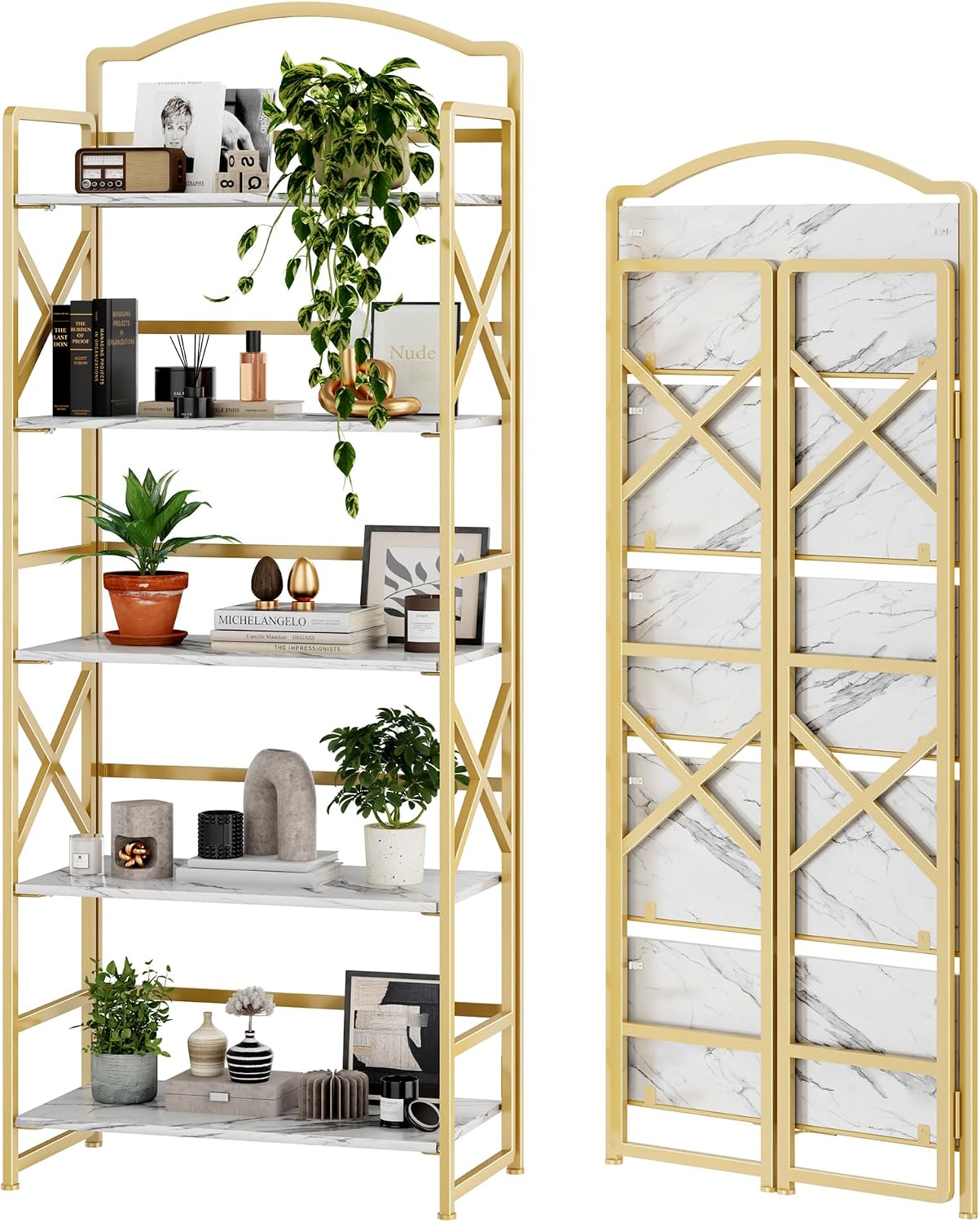 BHG Vintage Multifunctional Folding Bookshelf, No-Assembly Plant Stand Storage Rack Shelves for Home Office