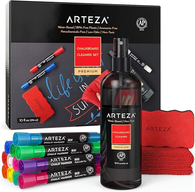 Arteza Chalkboard Cleaner Set with 12 Assorted Color Chalk Markers, Magnetic Eraser, 296 ml Cleaner & Microfiber Fabric Towel for Blackboards, Chalkboards, and Menu Boards