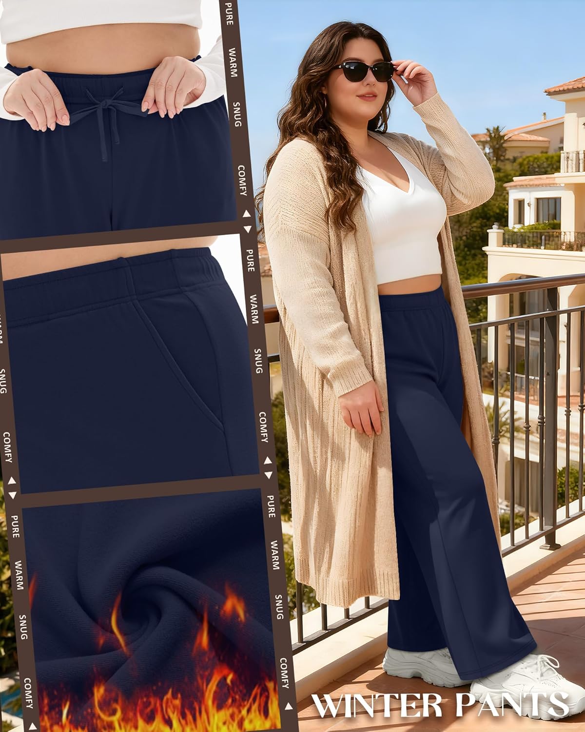 3 Pack Women's Fleece Plus Size Wide Leg Sweatpants Lined Baggy Pants Drawstring Casual Joggers with Pockets - Image 2