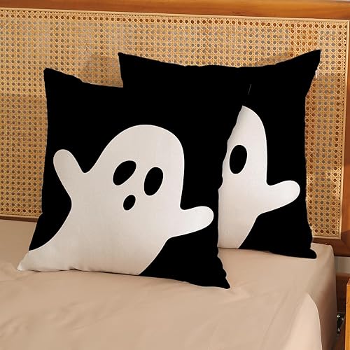 Miniatura 4 de AGAYNA Juego de 2 fundas de almohada de Halloween de 16 x 16 pulgadas, decoración de fantasmas en blanco y negro, para sofá, Halloween, interiores y
