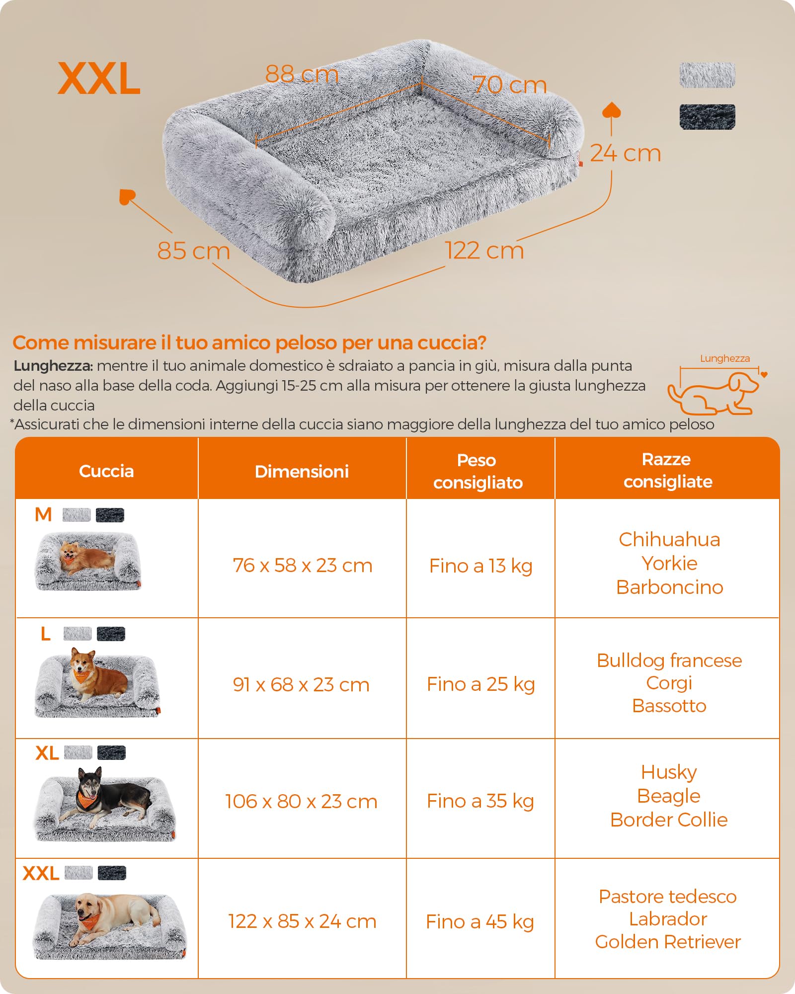 Feandrea FluffyHug Cuccia per Cani, Taglia XXL, Divano Letto per Cani di Taglia Grande, di Gommapiuma Ondulata, Copertura Lavabile Sfoderabile, 122 x 85 x 24 cm, Grigio Ombré PGW234G01