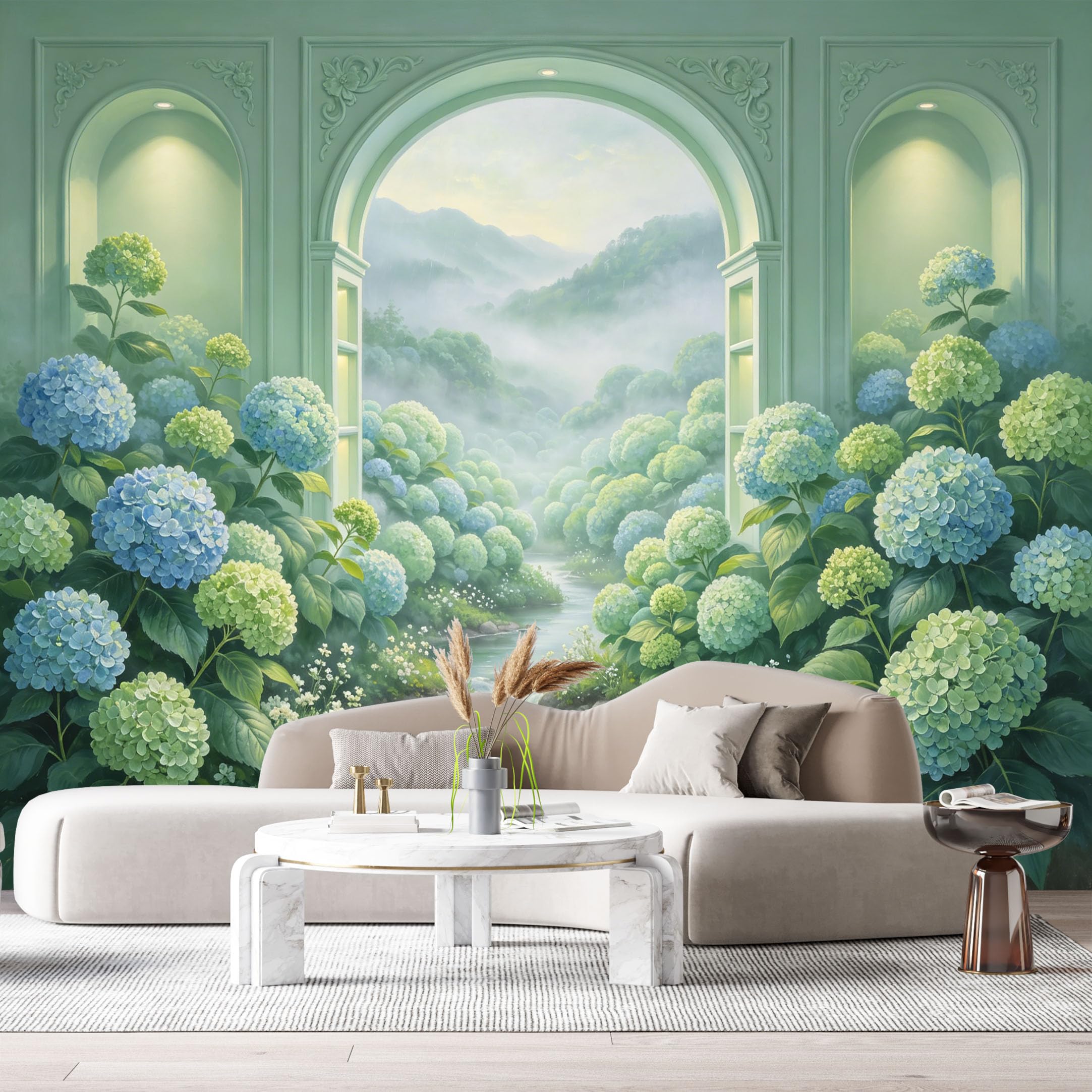 Custom Size Wall Murals Botanical Hydrangea Mountain River Arch 3D Trompe L'Oeil SelfAdhesiveWall Fabric Removable Wallpaper Wall Decor for Living Room Bedroom Bathroom