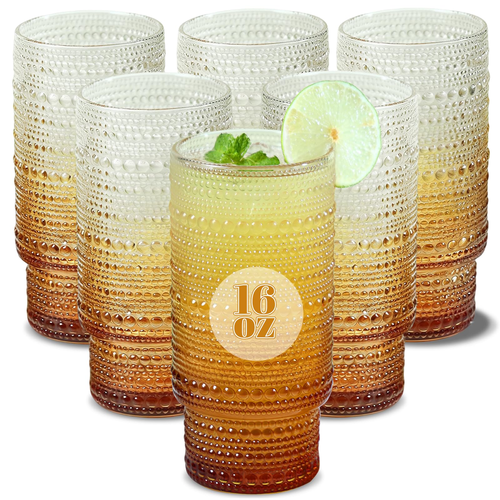 6pcs Hobnail Drinking Glasses Set, 16 oz Vintage Glassware Drinking Glasses, Gradual Amber Water Glasses Tumbler, Thanksgiving Cups for Kitchen, Juice, Beer, Cocktail, Whiskey