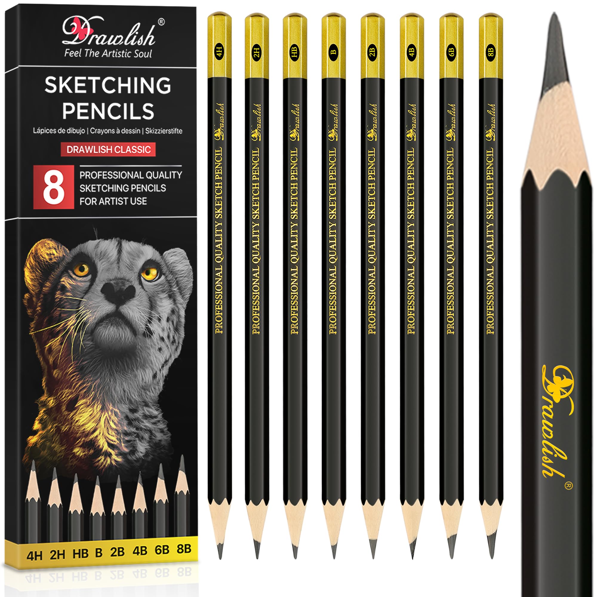 Zestaw 8 kredek do szkicowania, B, 2B, 4B, 6B, 8B, HB, 2H, 4H, ołówki do rysowania z grafitowym ołowiem i drewnem premium są idealne do szkicowania, cieniowania i bazgrołów, dla początkujących i
