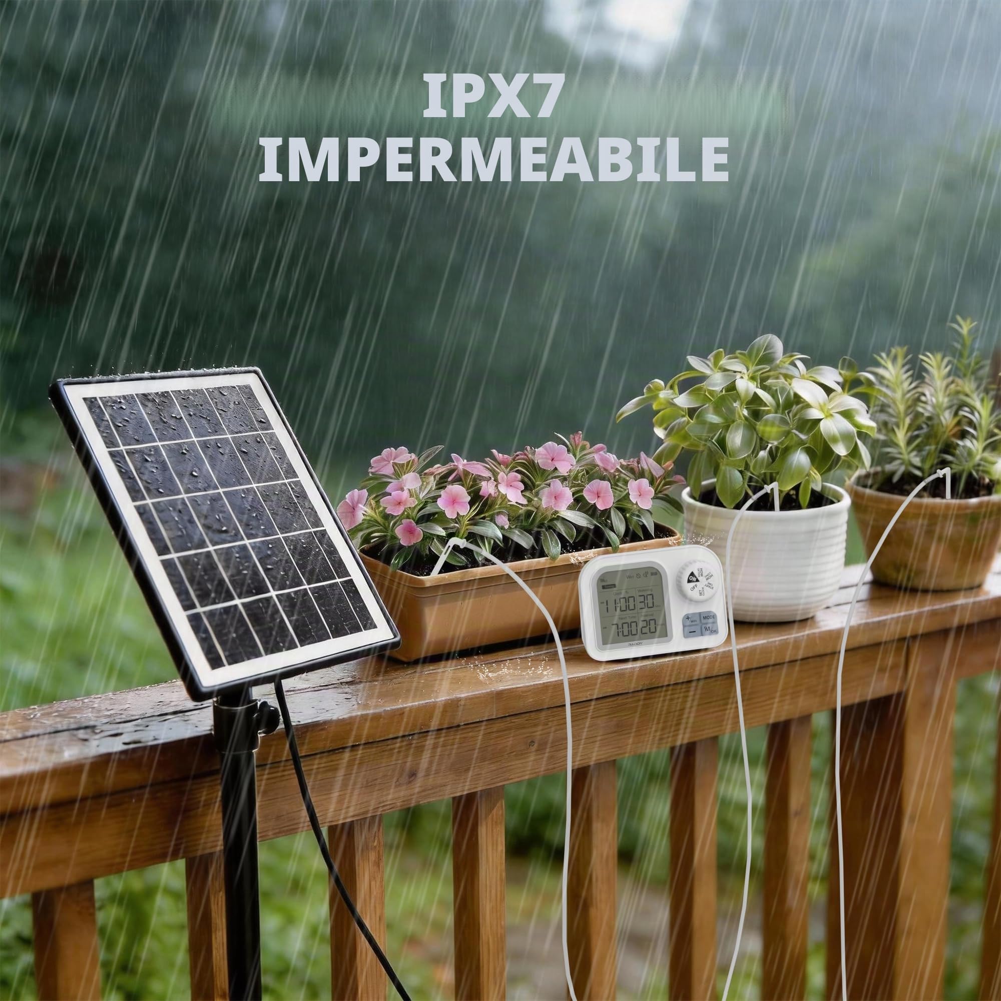 Raddy Sistema di irrigazione solare WS-74 con controllo Smart App, IPX7, impermeabile, sensore di umidità del suolo regolabile, batteria da 2600 mAh, set di irrigazione a goccia automatico per 15