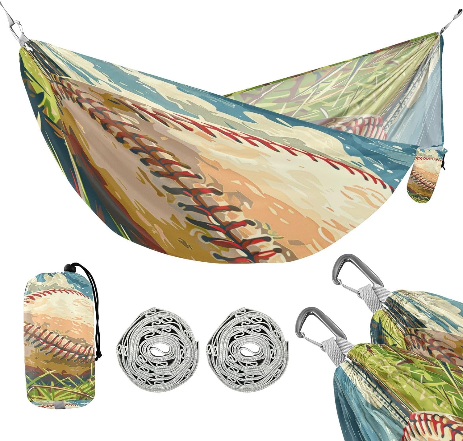 ALAZA Baseball Anime Camping Hammocks Single or 2 Person 500 lbs Portable Parachute Travel Hammock w/Tree Straps for Hiking Backpacking Indoor Outdoor