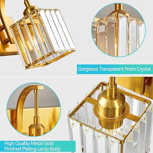 Miniatura 5 de Luces de tocador de cristal, lámpara de pared dorada de 2 luces, moderna lámpara de baño de cristal sobre espejo de 13.77 pulgadas de largo, aplique