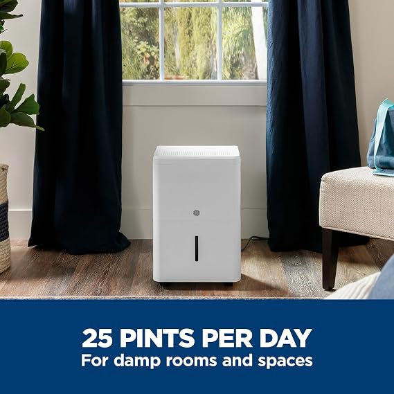 GE Small Dehumidifier 25 Pint Basement Bedroom Bathroom Drain 1500 Sq Ft
