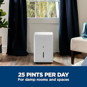 GE Small Dehumidifier 25 Pint Basement Bedroom Bathroom Drain 1500 Sq Ft