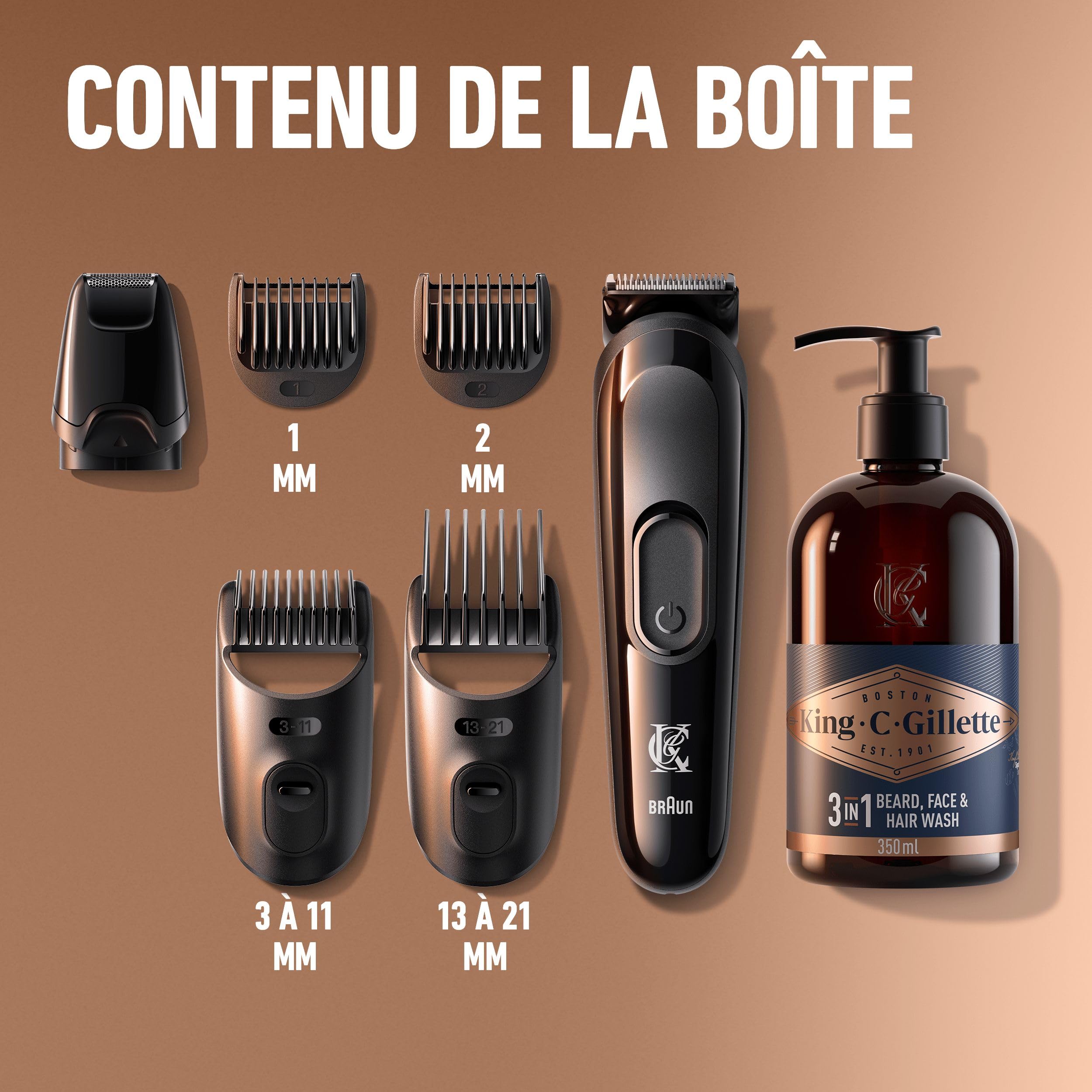 King C.Gillette Coffret cadeau style parfait pour homme pour un rasage de barbe rapide et facile, avec 1 tondeuse à barbe électrique et 4 différents sabots et un nettoyant 3 en 1 pour barbe