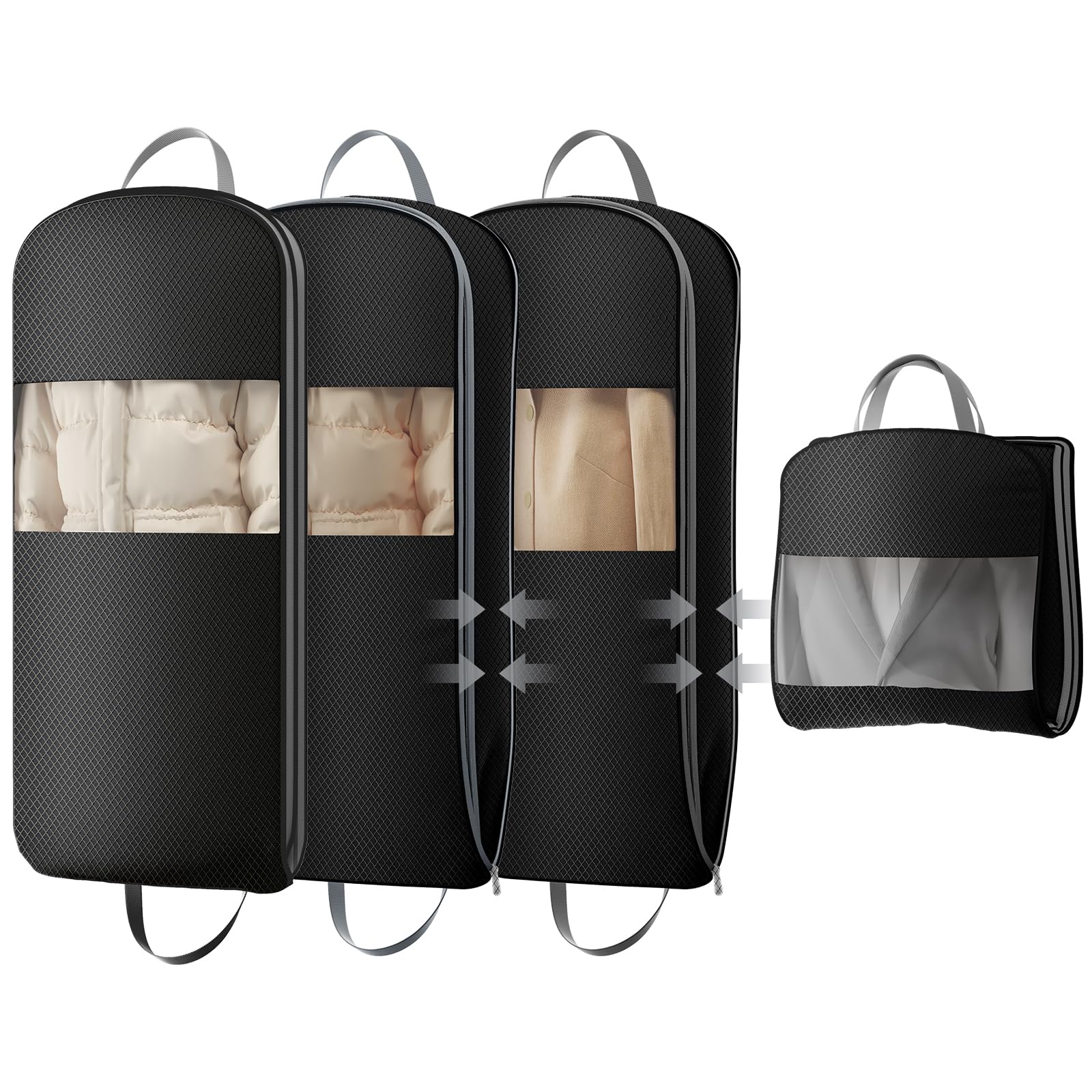 DIMJ 4 Pack 43" Space Saving Garment Bags for Hanging Clothes With Compression Zipper Carry Handles and Window, Washable Suit Bag for Dress, Clothes, Coats, Down Jacket, Closet, Moving, Travel