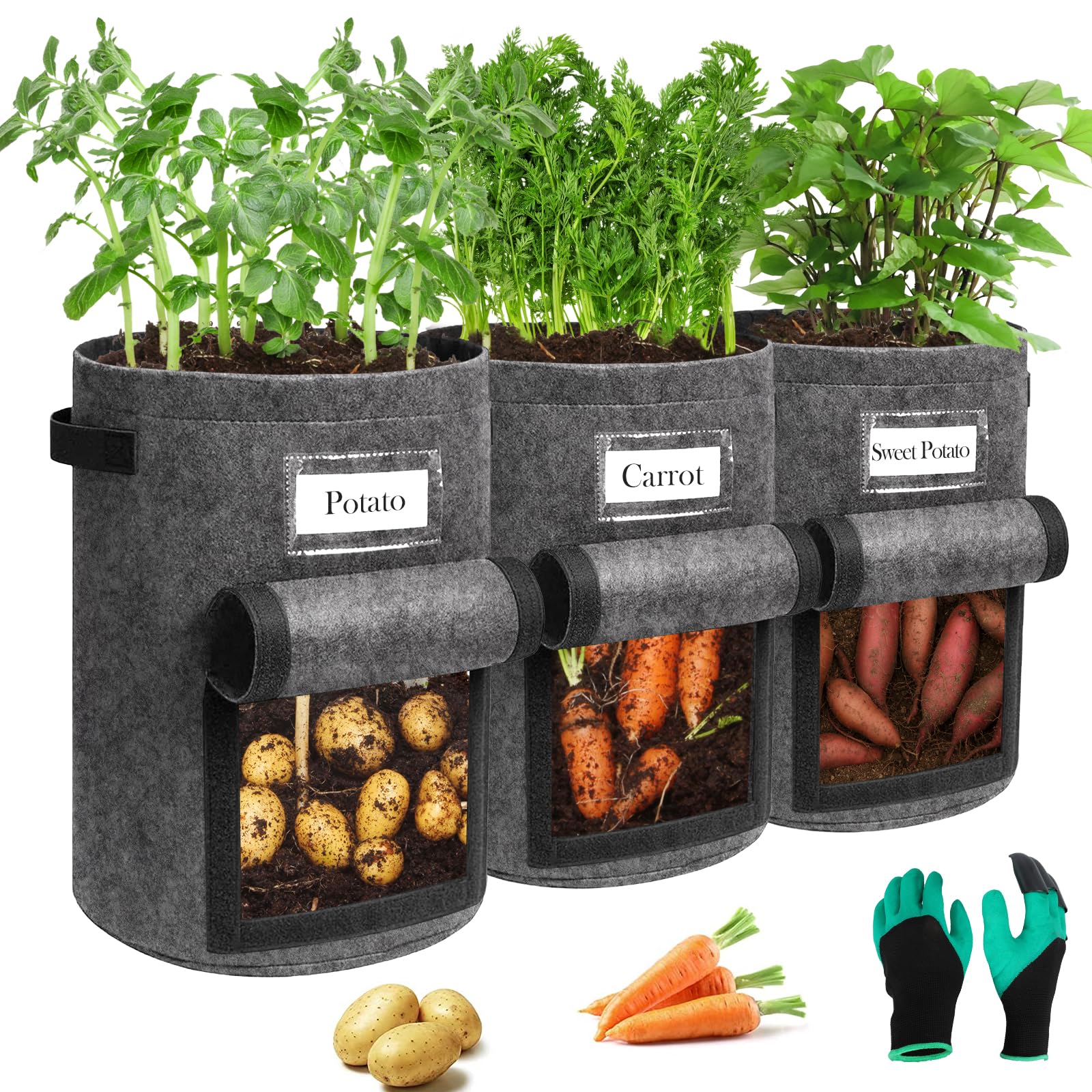 Airminti 3-Pack 10 Gallonen Kartoffel Pflanzsack, Pflanzbeutel mit Stabilen Griffen und Visualized Flap, Verdickte und Atmungsaktive Vliestöpfe mit Gartenhandschuhe für Tomaten, Kartoffeln