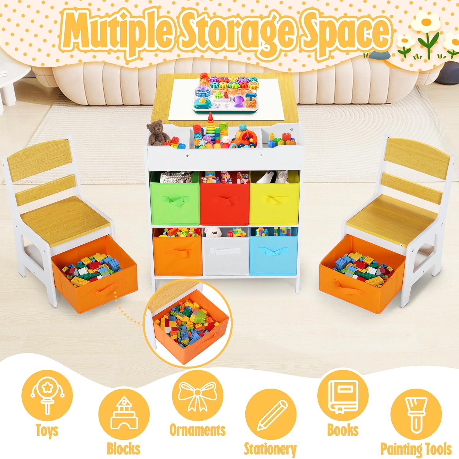 Kids Art Table & Chairs Set, Wooden Activity Table with 2 Chairs, Kids Craft Desk W/8 Storage Bins and Paper Roll, Toddler Furniture Set for Art, Crafts, Drawing, Reading, Natural