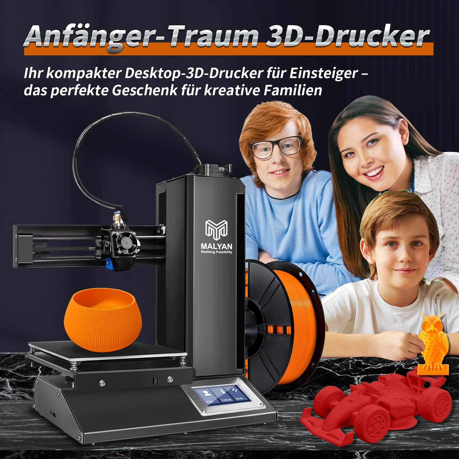 MALYAN M320 Mini 3D Drucker - Out of The Box 3D Druckers für Kinder und Anfänger, Abnehmbare Magnetische Bauplatte, kostenlose Probe PLA Filament, Druckgröße 150x150x150mm