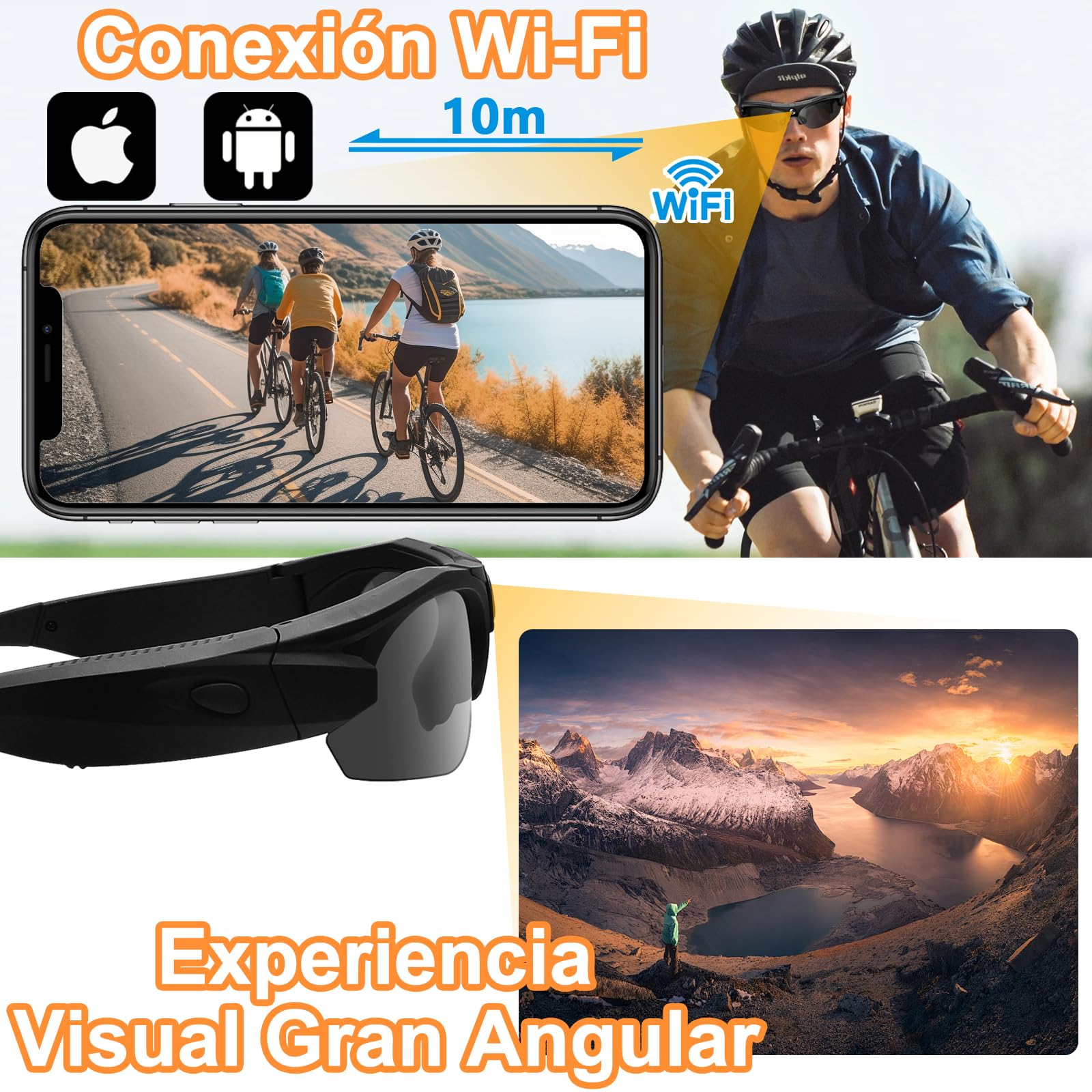 Gafas con Camara 4K WiFi 120° Gran Angular, Lentes Polarizadas | 100min batería, 256GB SD, grabación en bucle, lentes UV, estuche incluido