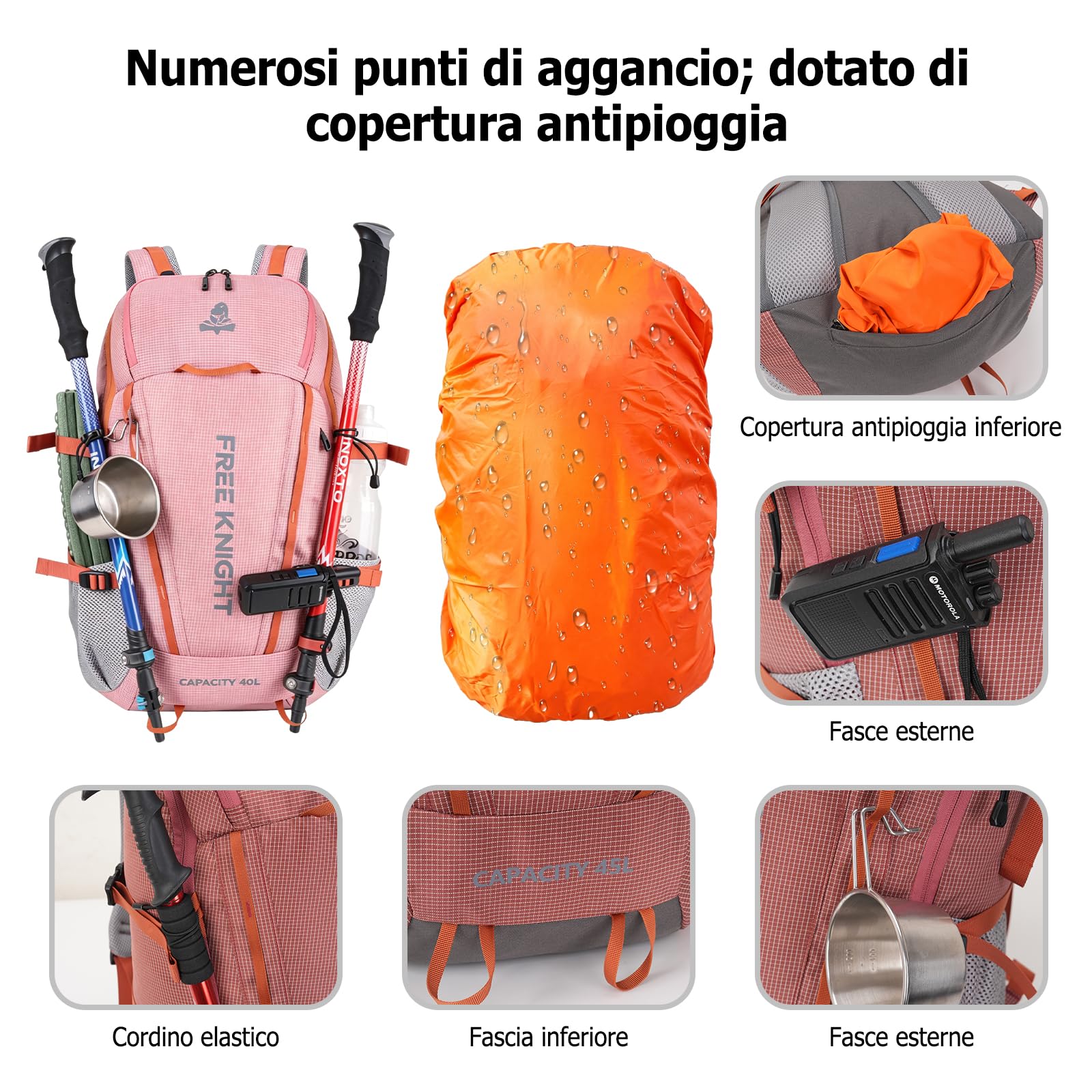 45L Zaino da Trekking Grande Outdoor Impermeabile Zaini Resistente con Copertura per la Pioggia Backpack per Escursionismo Campeggio Arrampicata Viaggio Blu