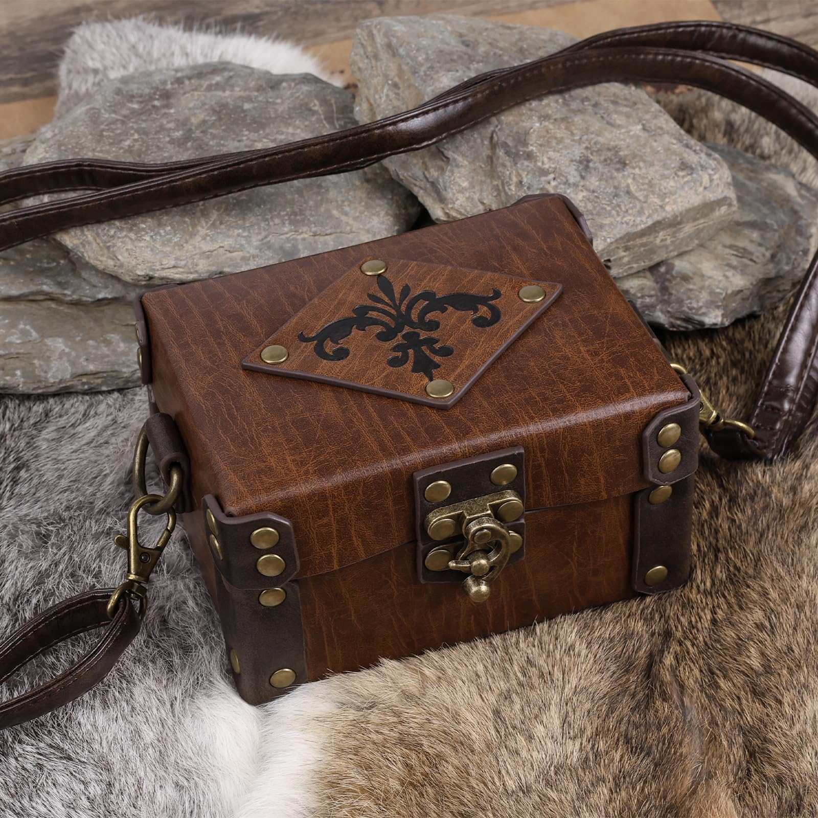 HiiFeuer Medieval Faux Leather Alchemy Box with 12 Cork Potion Vials, Fantasy Portable Crossbody Bag Jewelry Dnd Dice Holder (Brown A) - Image 4