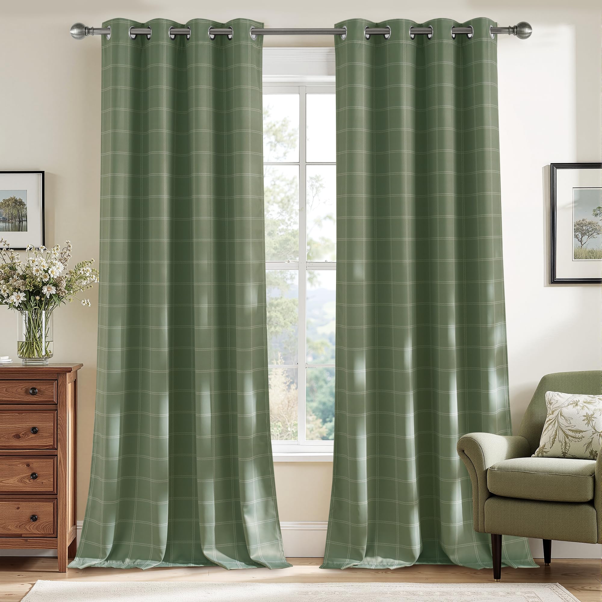 PONY DANCE Full Blackout Tartan Christmas Curtains with Eyelets - 46x90 Inch (W x L) Thermal Insulated Check Curtains Green for Bedroom and Living Room, 2 Panels โ image 1