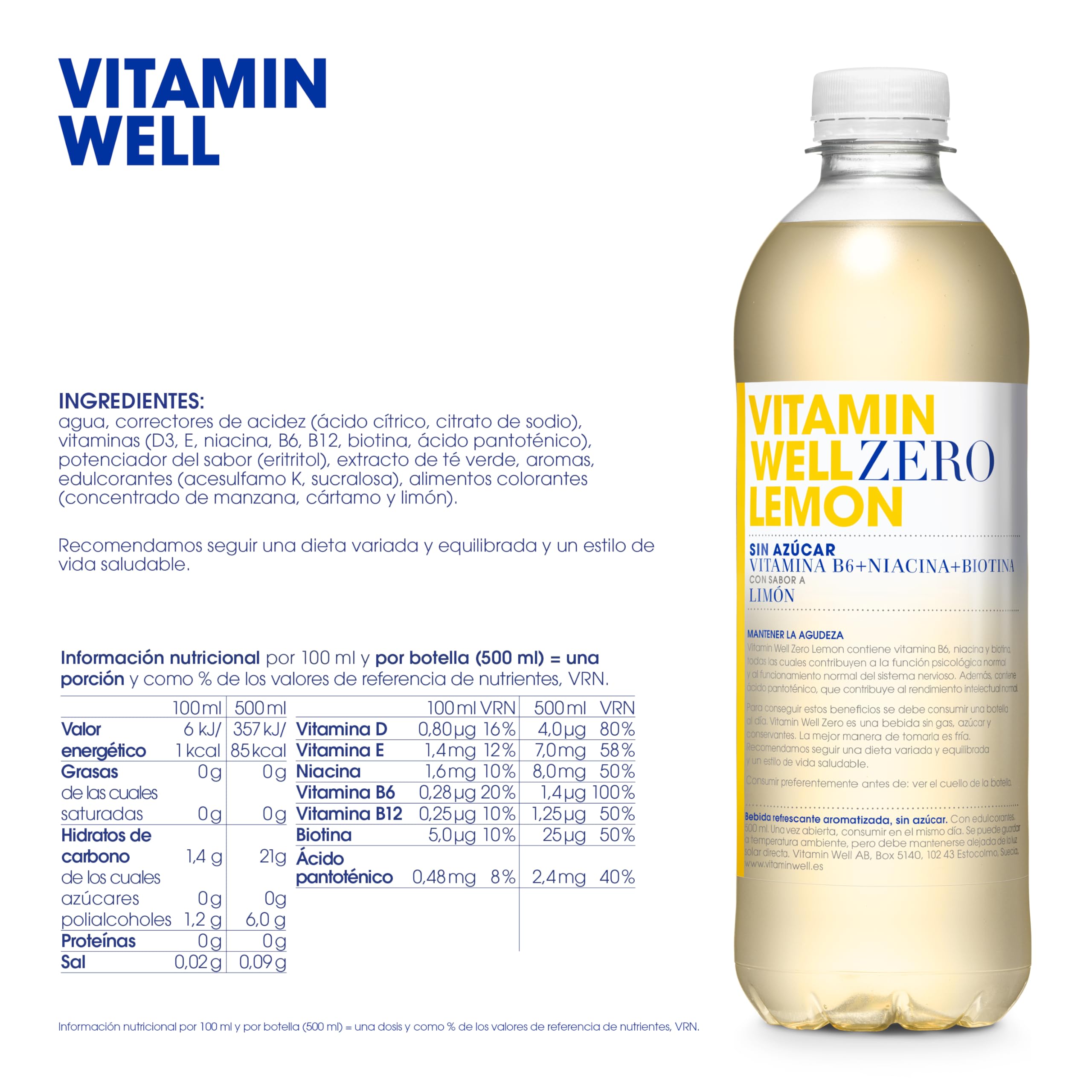 Vitamin Well - Bebida enriquecida sin azúcar con vitaminas C y D, zinc y biotina. Una alternativa saludable con sabor a fresa y ruibarbo. Lemon/Limón (12 x 500 ml).