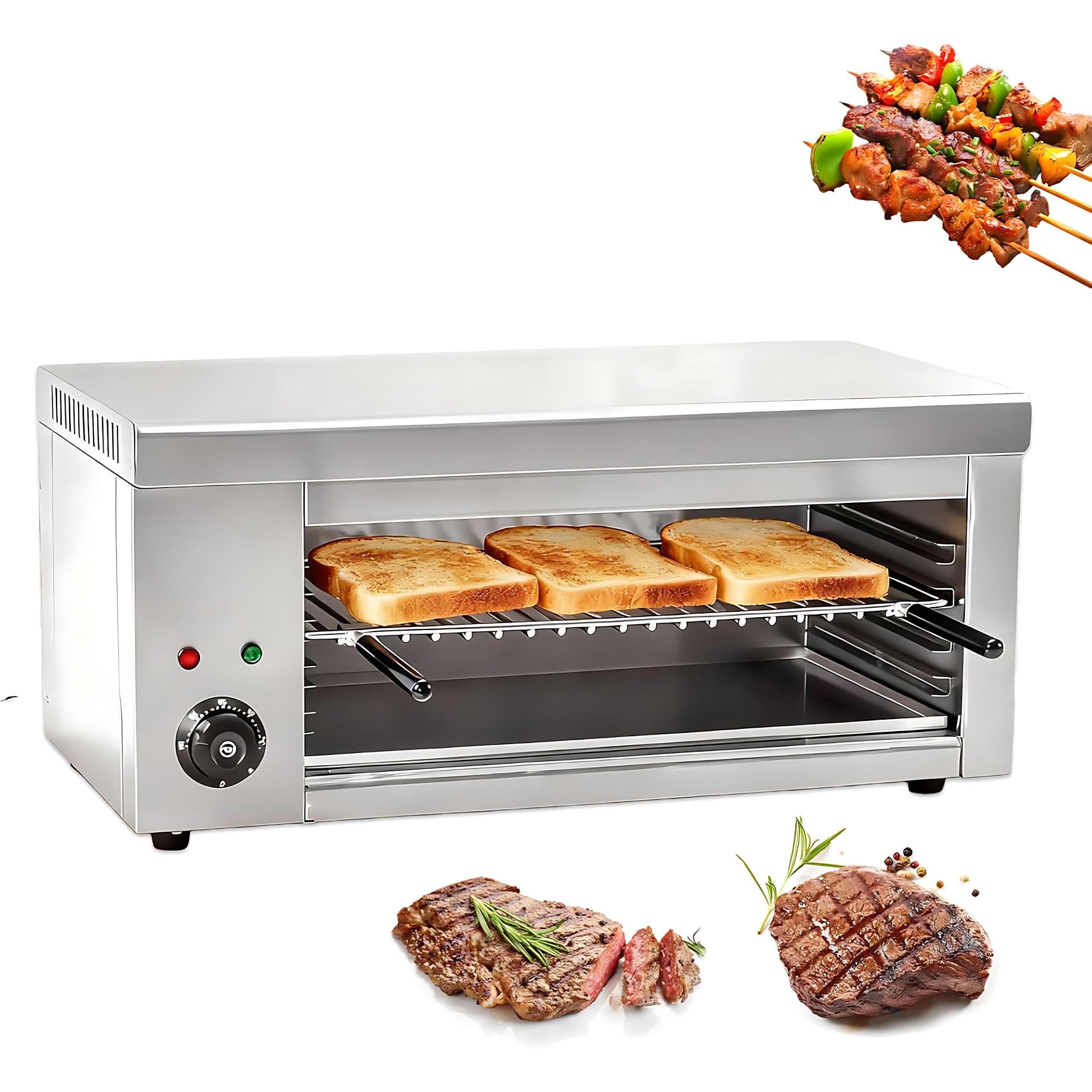 Elektryczny opiekacz typu salamander o mocy 2000W – grill do steków i zapiekania serów z wyjmowanymi płytami; do podgrzewania potraw, zakres temperatur 50–300°C