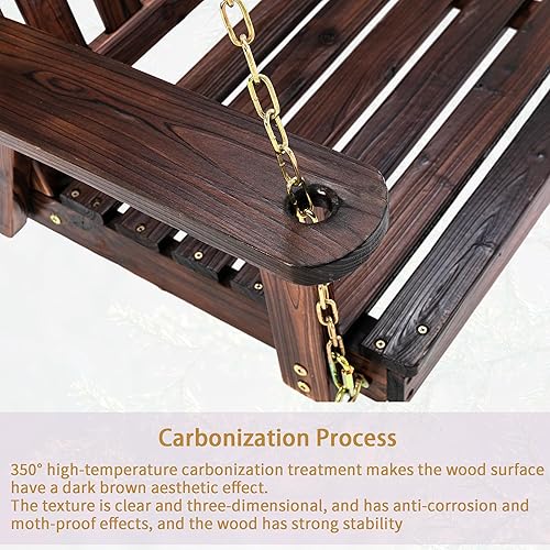 Miniatura 6 de Columpio de madera para porche de 2 plazas, columpio de banco con cadenas colgantes, resistente 800 libras, para patio al aire libre, jardín, patio,