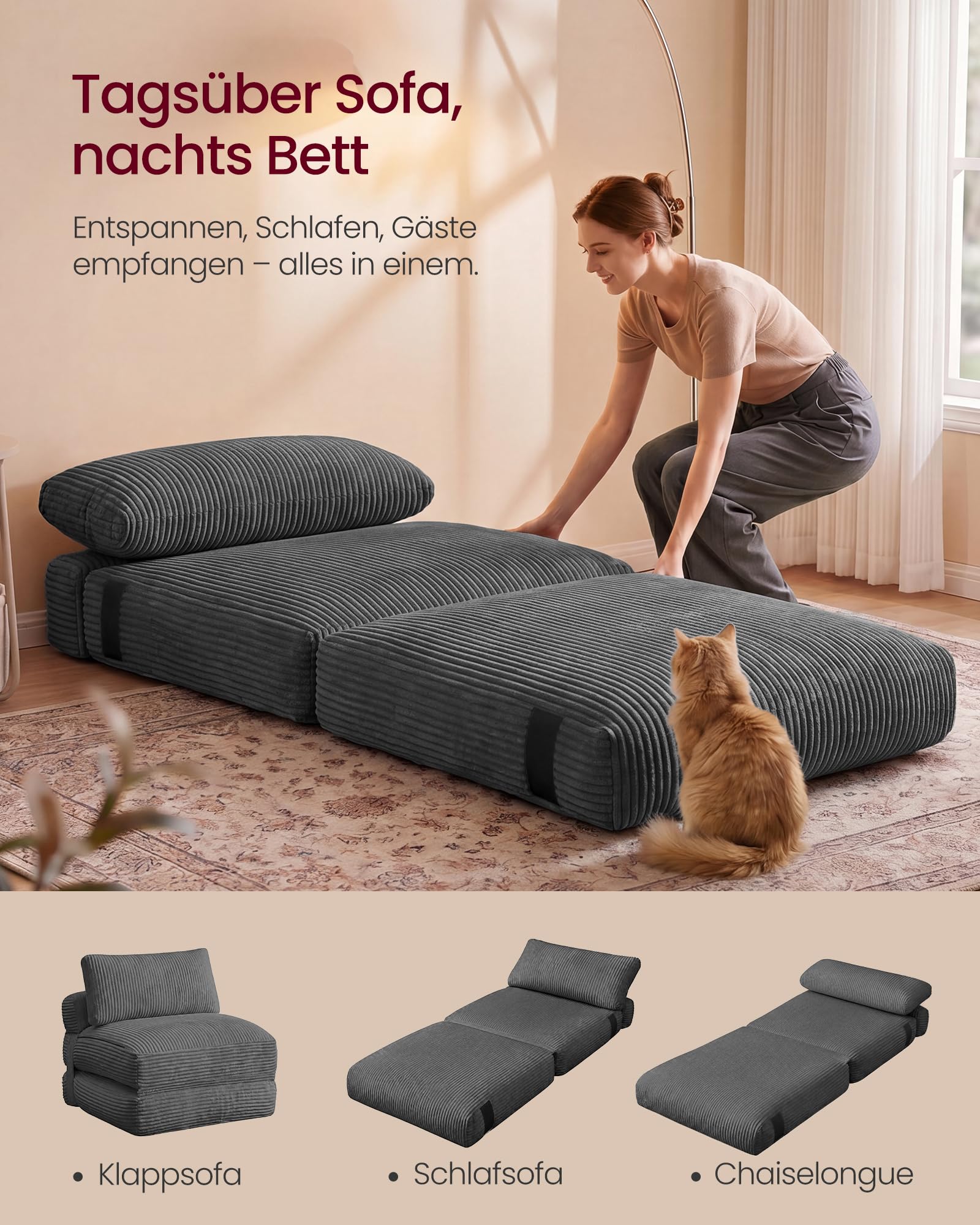 VASAGLE Schlafsessel aus Cord und Schaumstoff, Faltbares Sofabett mit Kissen, 89 x 89 x 78 cm / 89 x 195 x 43 cm, Bleigrau, für Gästezimmer, Camila Kollektion LCS211G101