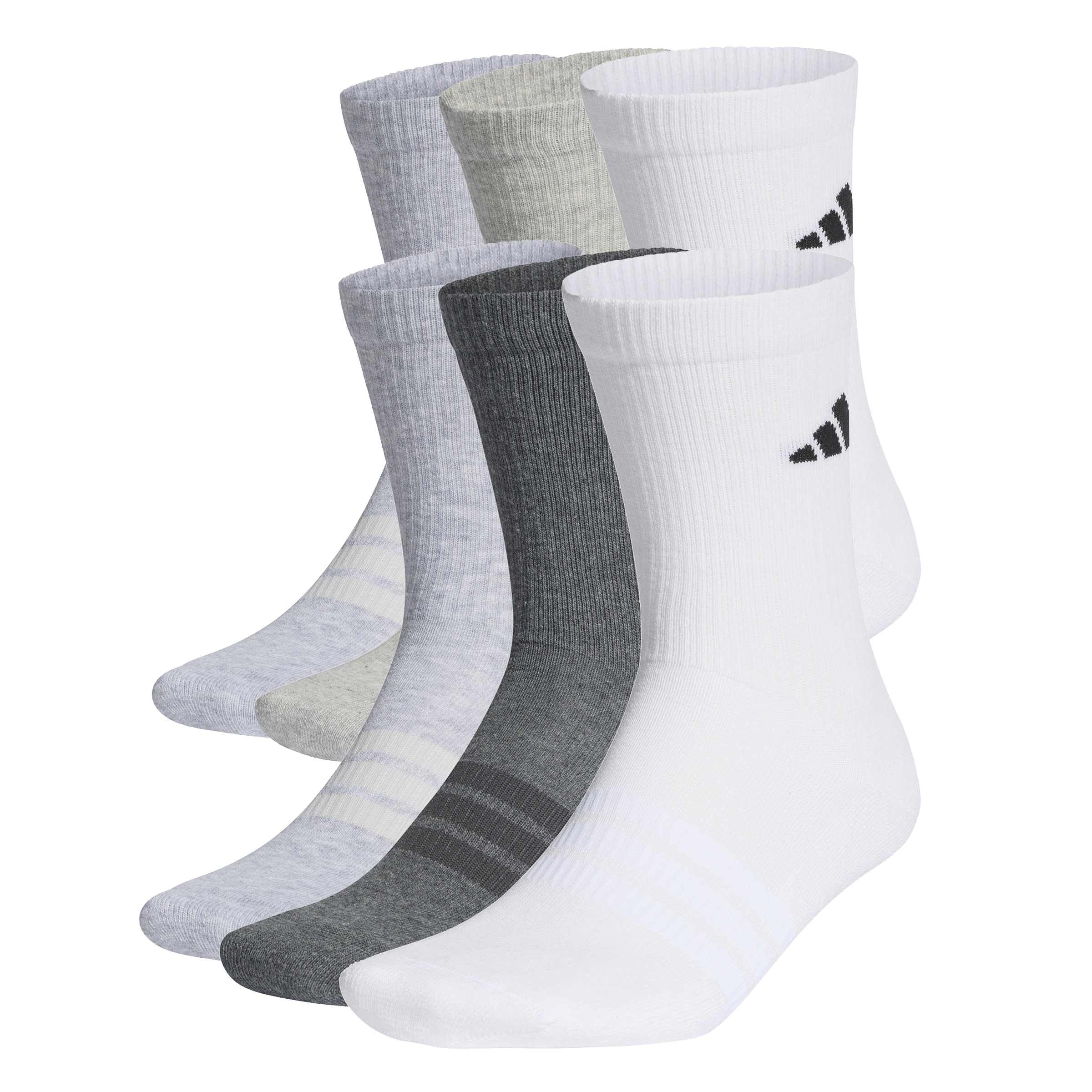adidas Unisex Cushioned Crew Socks 6 Pair Pack, white/light grey heather/medium grey heather/dark grey heather, 4.5-6