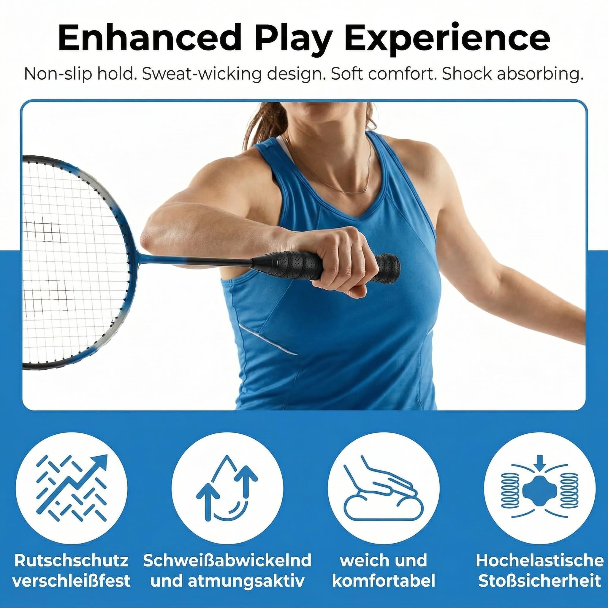 Grip Raquette Tennis, Grip Raquette Badminton et Surgrip Tennis en Matériau PU, Bande Antidérapante Raquette Squash et Grip Padel avec Absorption Transpiration, Ruban Noir de Sport 8 Pièces