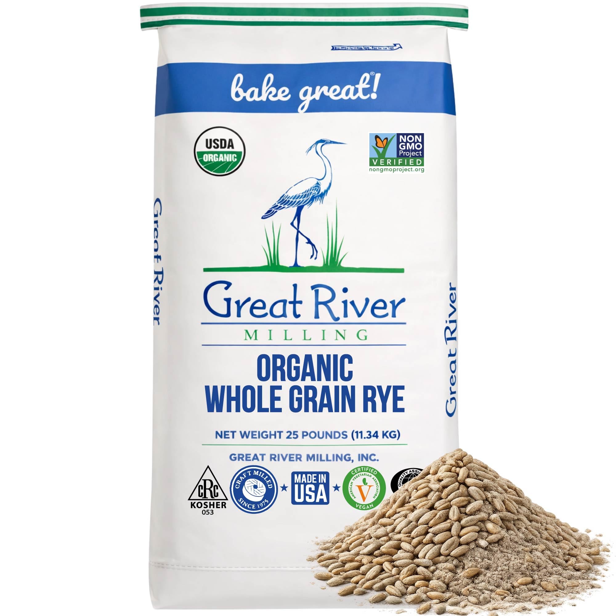 Great River Milling Organic Whole Grain Rye Berries | High-Fiber, Nutrient-Rich Ancient Grain | Non-GMO, Kosher | Ideal for Baking, Sourdough, Salads, Pilaf & Soups | 25 Lb (Pack of 1)