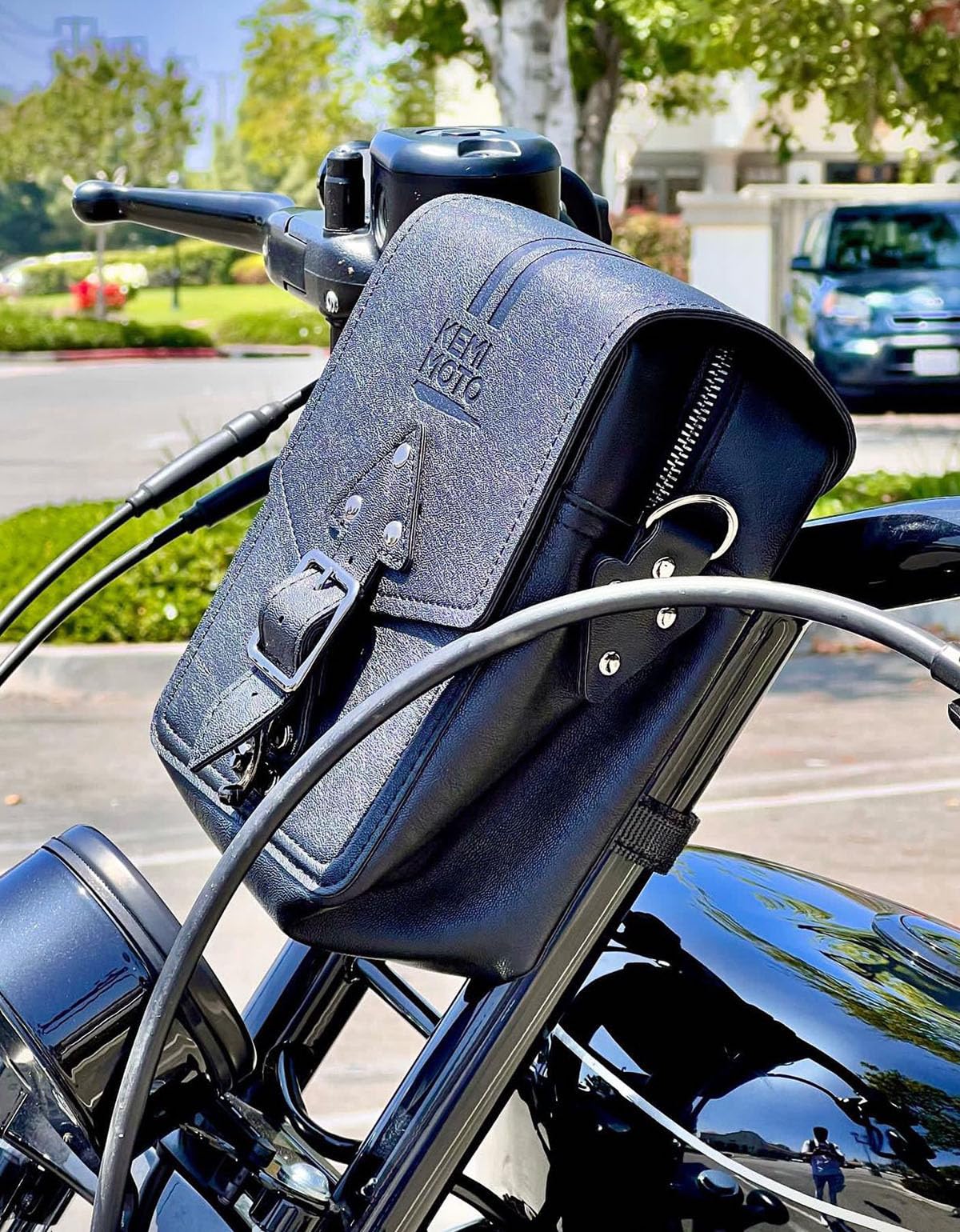 KEMIMOTO Sac de guidon universel en cuir avec poignée en T, style rétro, sac de rangement étanche, compatible avec Cruiser Softail Dyna Sportsters