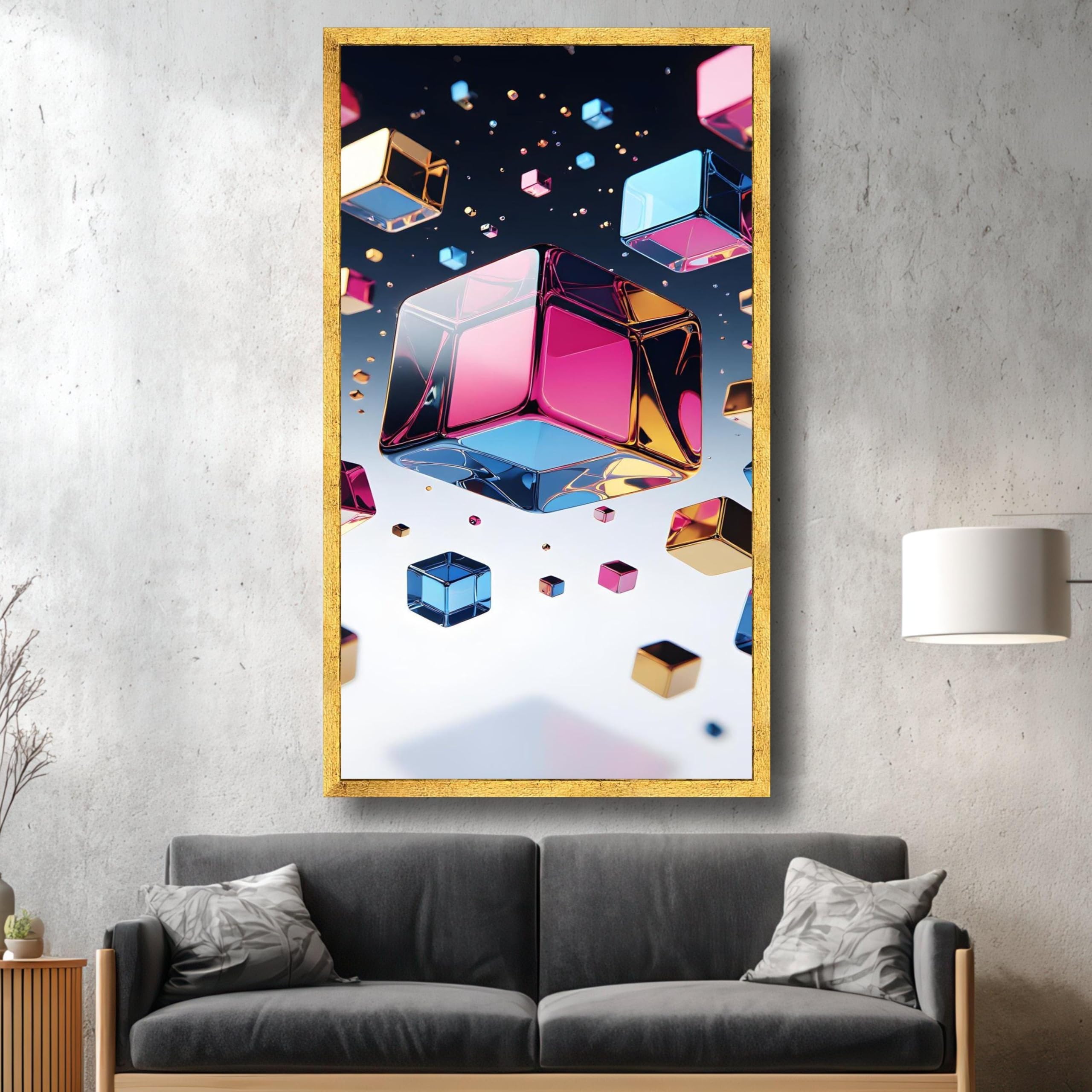 XINBAO Kolorowe pływające kostki obrazy na płótnie, abstrakcyjny geometryczny wzór, wystrój domu, złudzenie 3D, malarstwo w kształcie (55 x 100 cm/bez ramki)