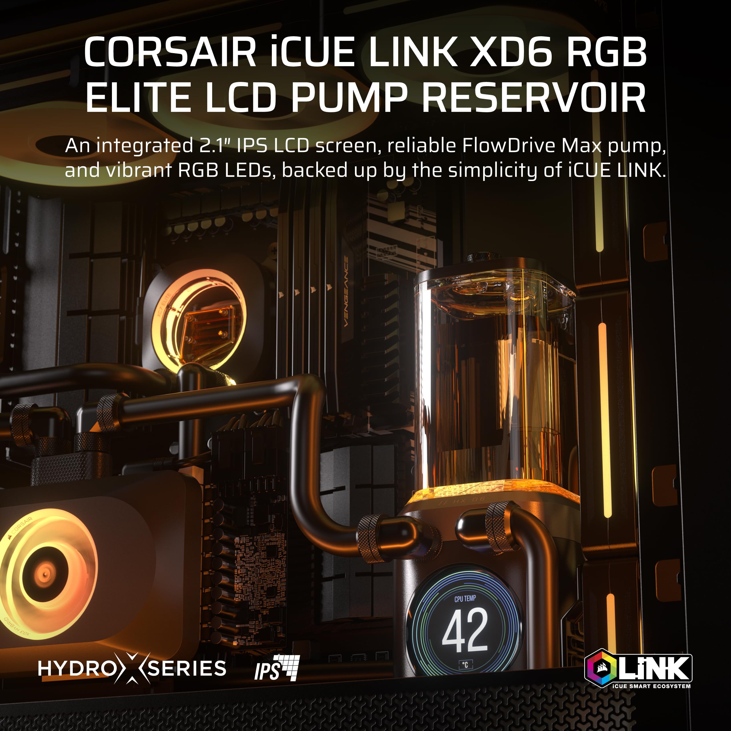 CORSAIR iCUE Link XD6 RGB Elite LCD Pump/Reservoir Unit – FlowDrive Max Pump, 480x480 IPS LCD Screen, Built-in Temperature Sensor, 22 Addressable RGB LEDs, 440ml Nylon Reservoir – Stealth Gray