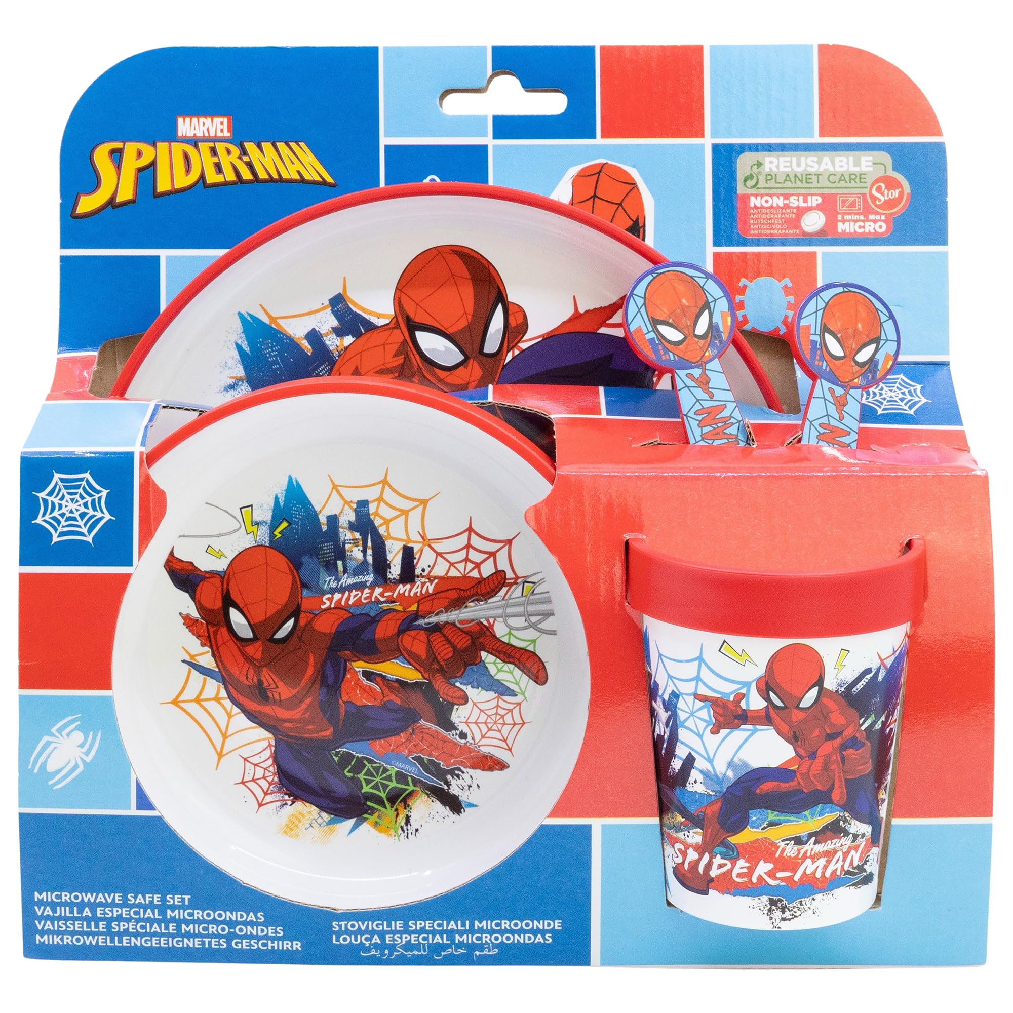 Spiderman Reusable Non-Slip Tableware dinnerset with Two-Tone Silicone Base consisting of Plate, Bowl, Cup and Cutlery in a Spiderman Box, Made for Children