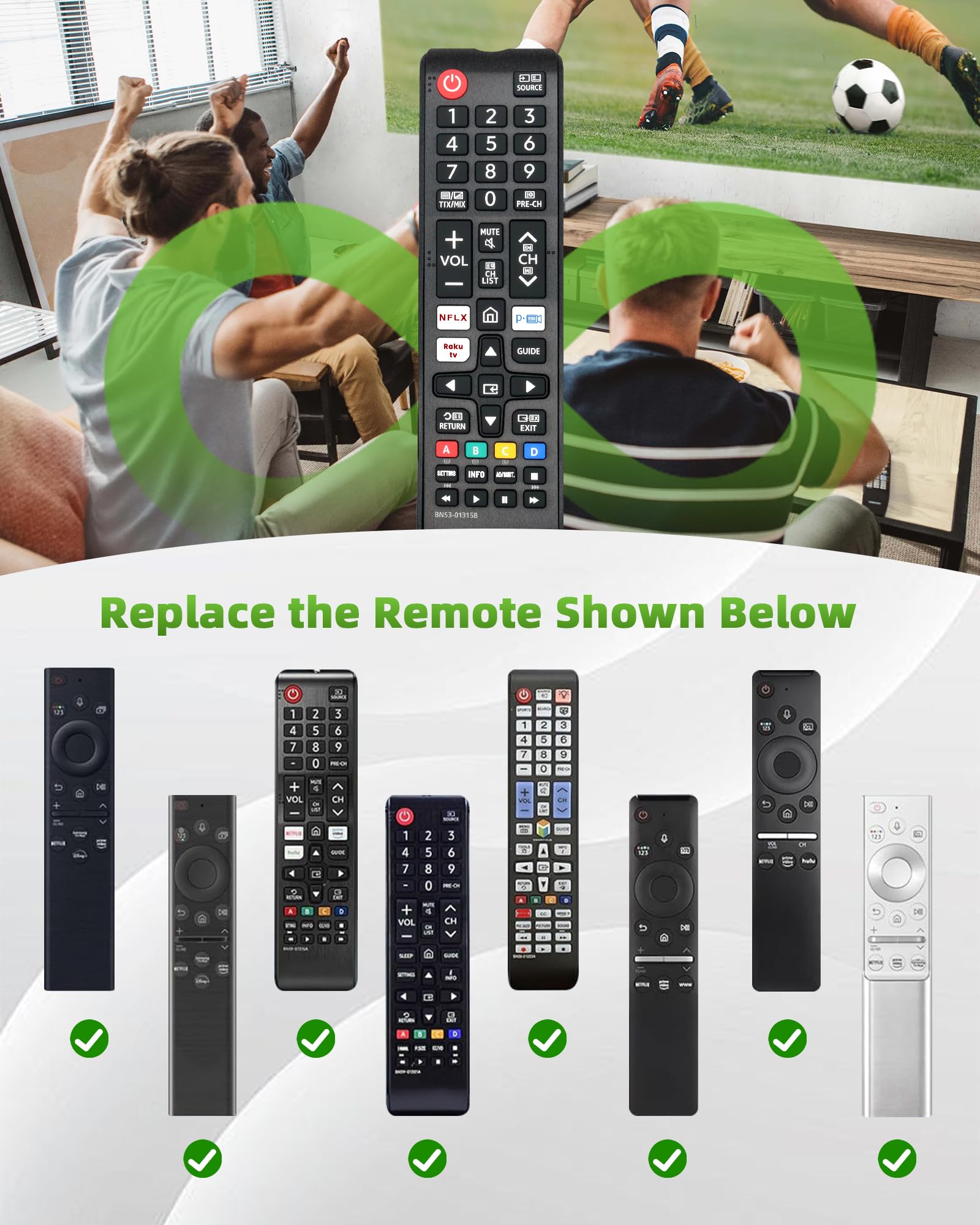 BN59-01315B Telecomando TV per Sam-sung, telecomando di ricambio per Smart TV Sam-sung LED QLED UHD 4K HDR con pulsanti Net-flix, Prime Video e Ra-kuten TV